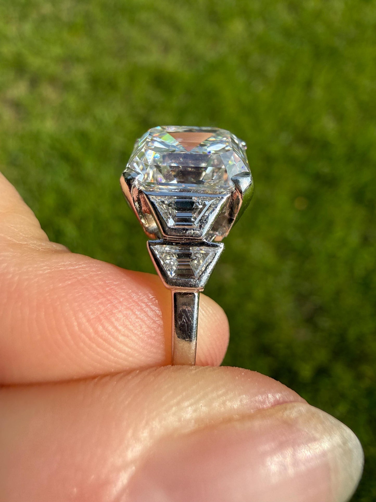 Exceptional 4 Carat Square Step Cut Diamond Solitaire Ring French PLATINUM w/ Trapezoid Accents Vintage to Art Deco 4.5Ctw Faces Eye CLEAN