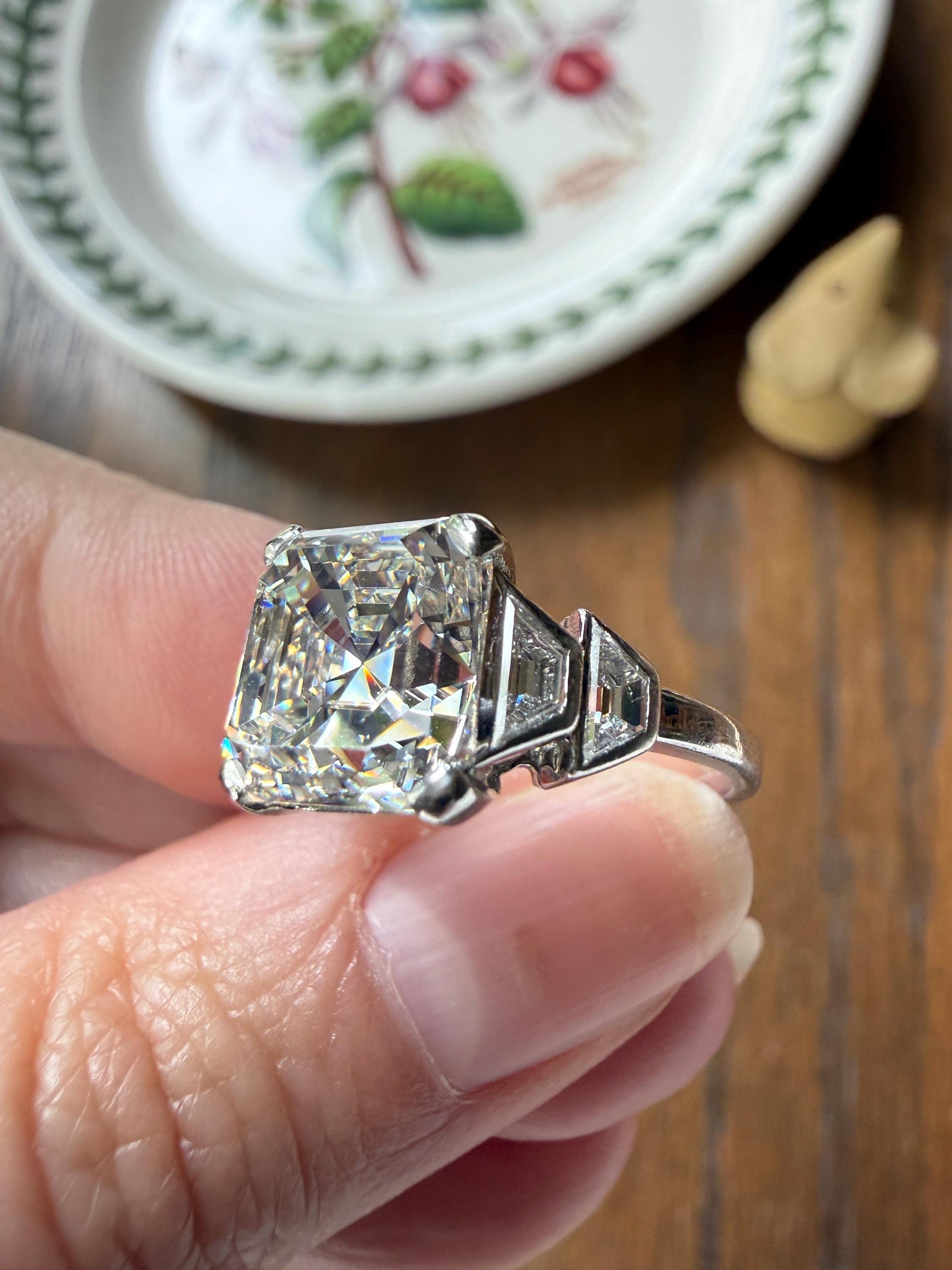 Exceptional 4 Carat Square Step Cut Diamond Solitaire Ring French PLATINUM w/ Trapezoid Accents Vintage to Art Deco 4.5Ctw Faces Eye CLEAN
