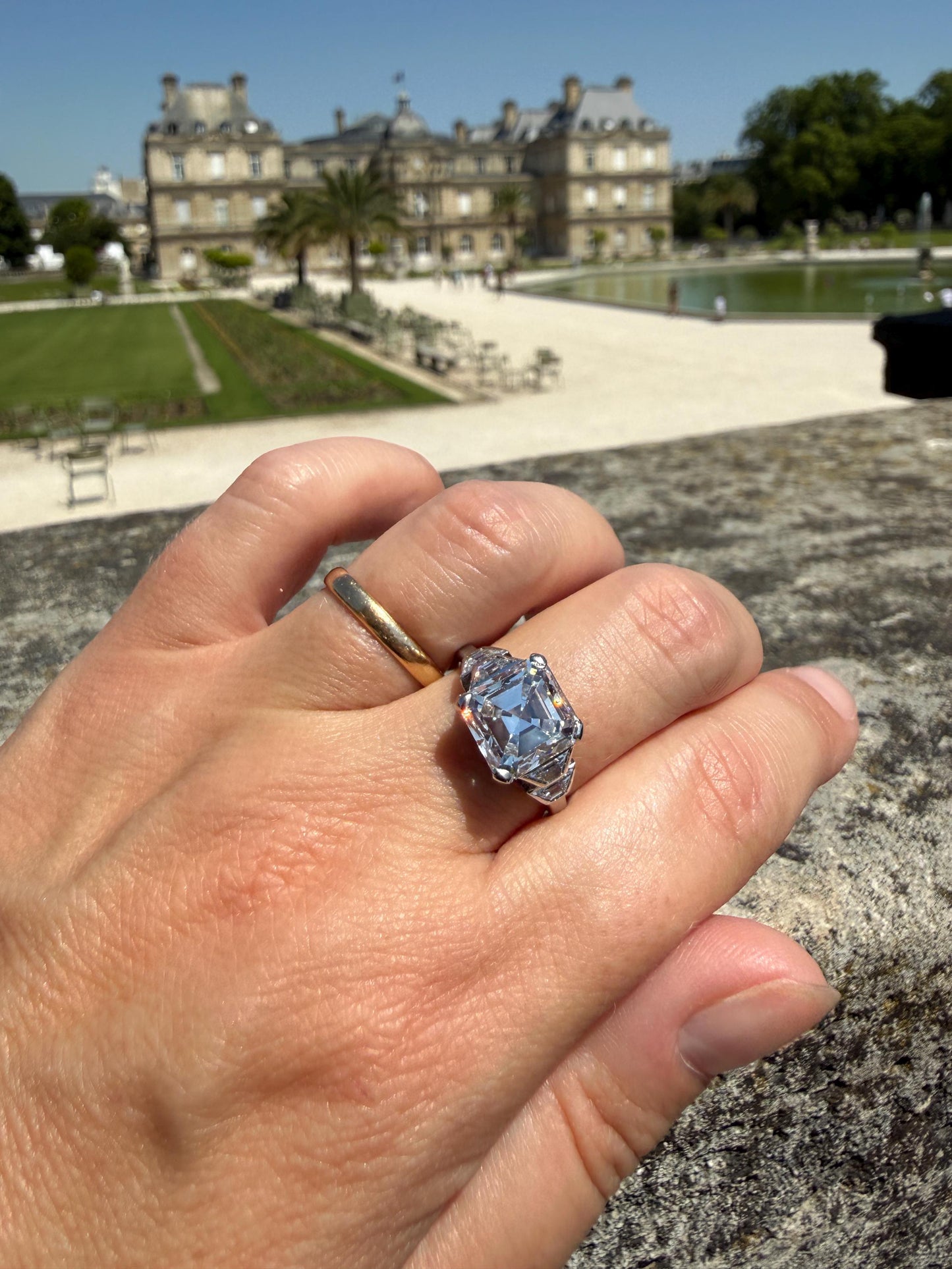 Exceptional 4 Carat Square Step Cut Diamond Solitaire Ring French PLATINUM w/ Trapezoid Accents Vintage to Art Deco 4.5Ctw Faces Eye CLEAN