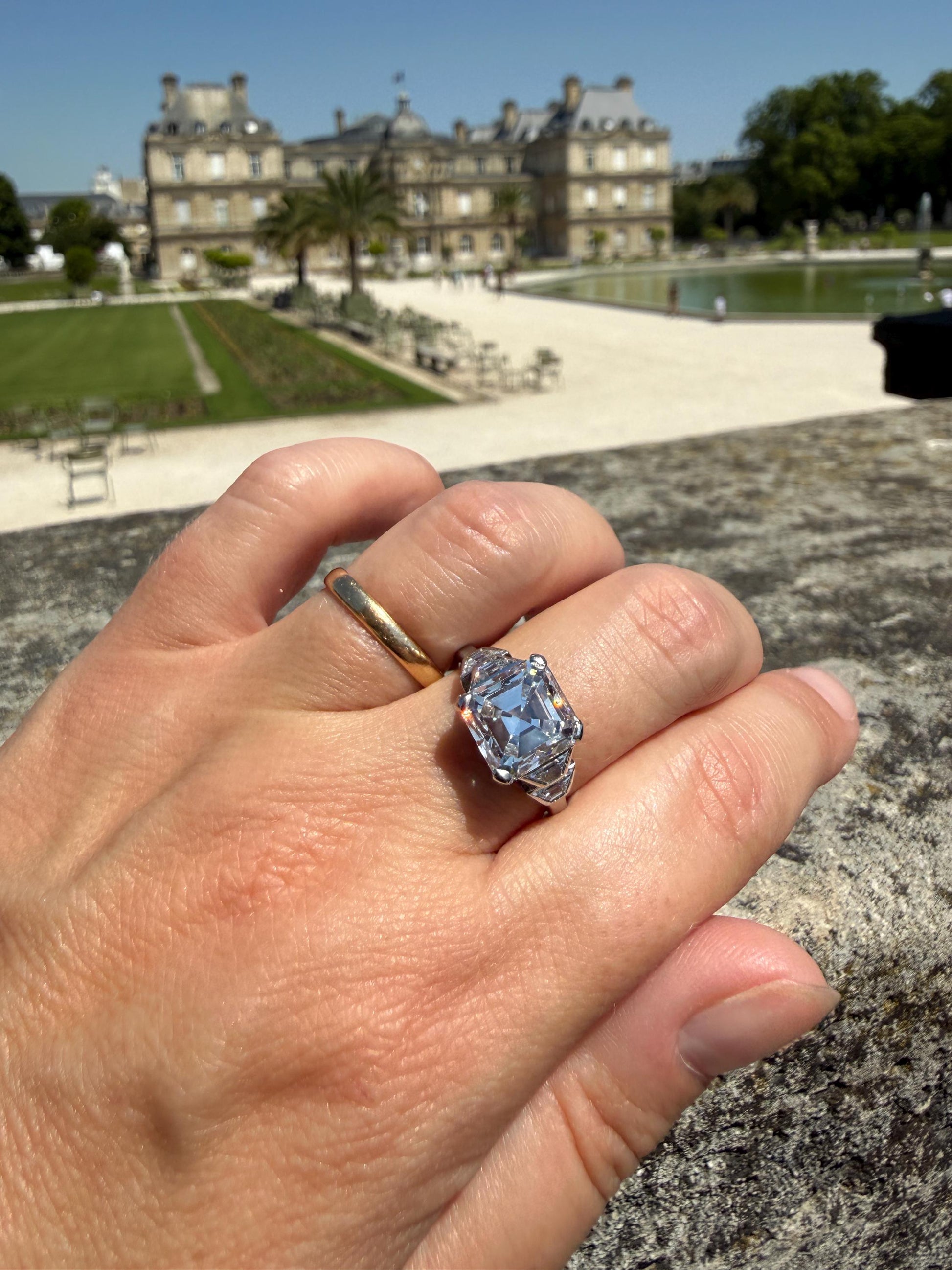 Exceptional 4 Carat Square Step Cut Diamond Solitaire Ring French PLATINUM w/ Trapezoid Accents Vintage to Art Deco 4.5Ctw Faces Eye CLEAN