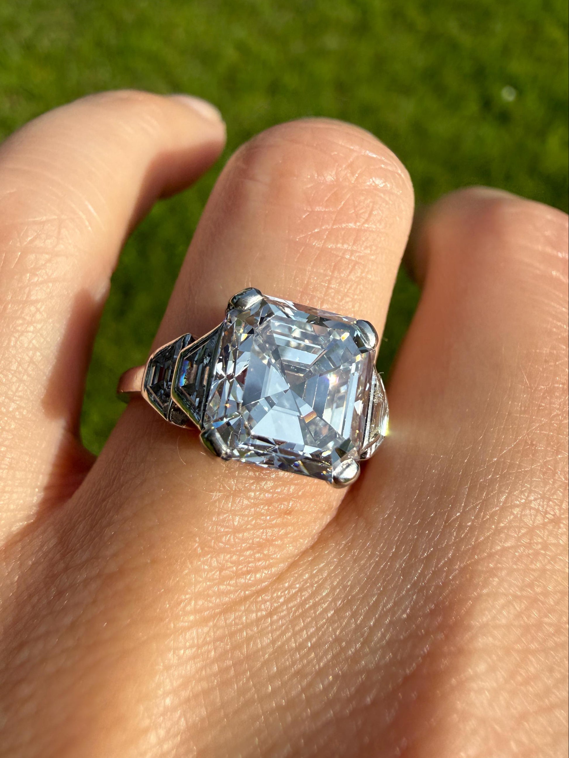 Exceptional 4 Carat Square Step Cut Diamond Solitaire Ring French PLATINUM w/ Trapezoid Accents Vintage to Art Deco 4.5Ctw Faces Eye CLEAN