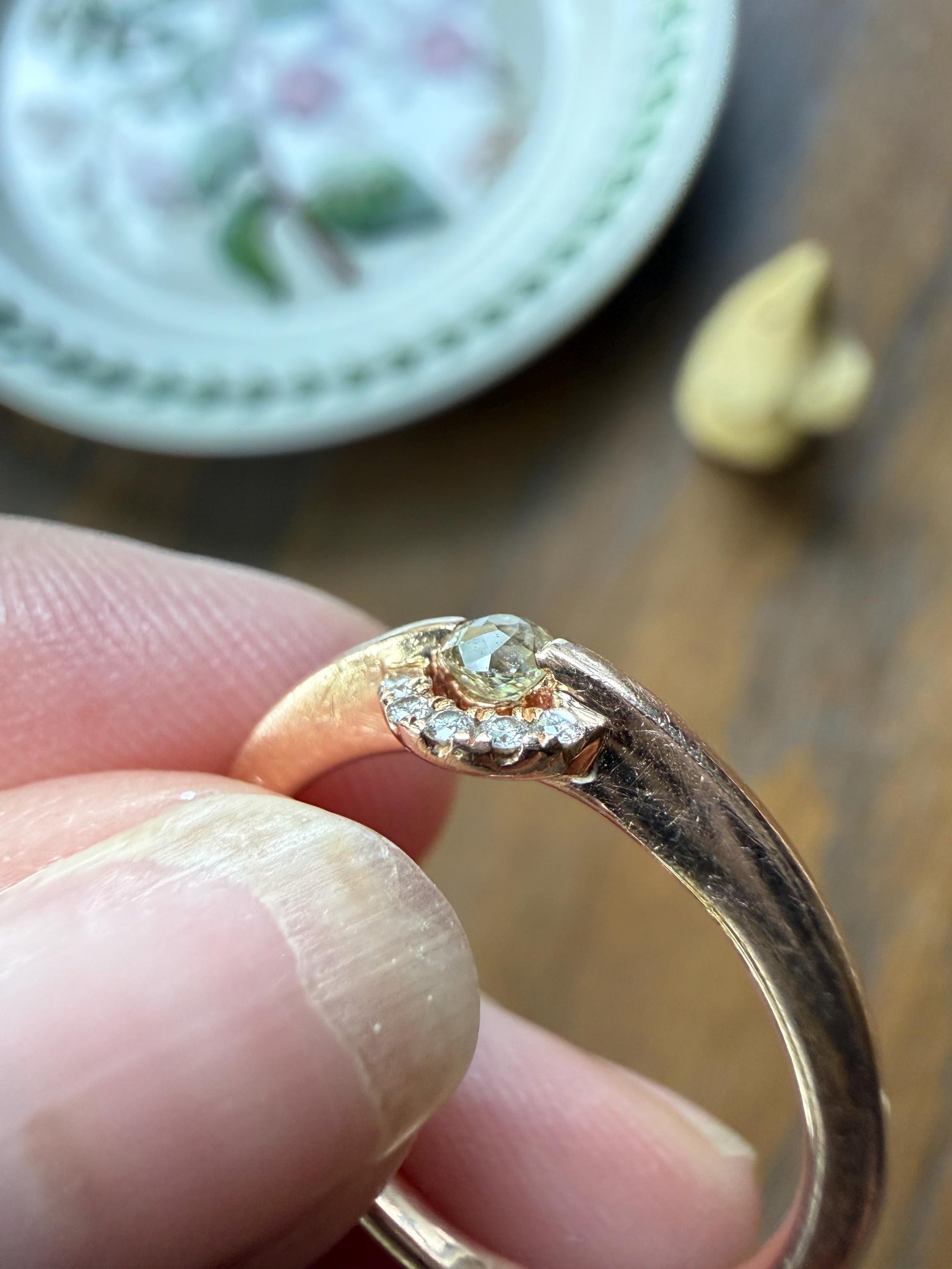 Vintage Uniquely Cut Diamond Ring with Halo Accents 14k Gold Geometric Minimalist Stacker