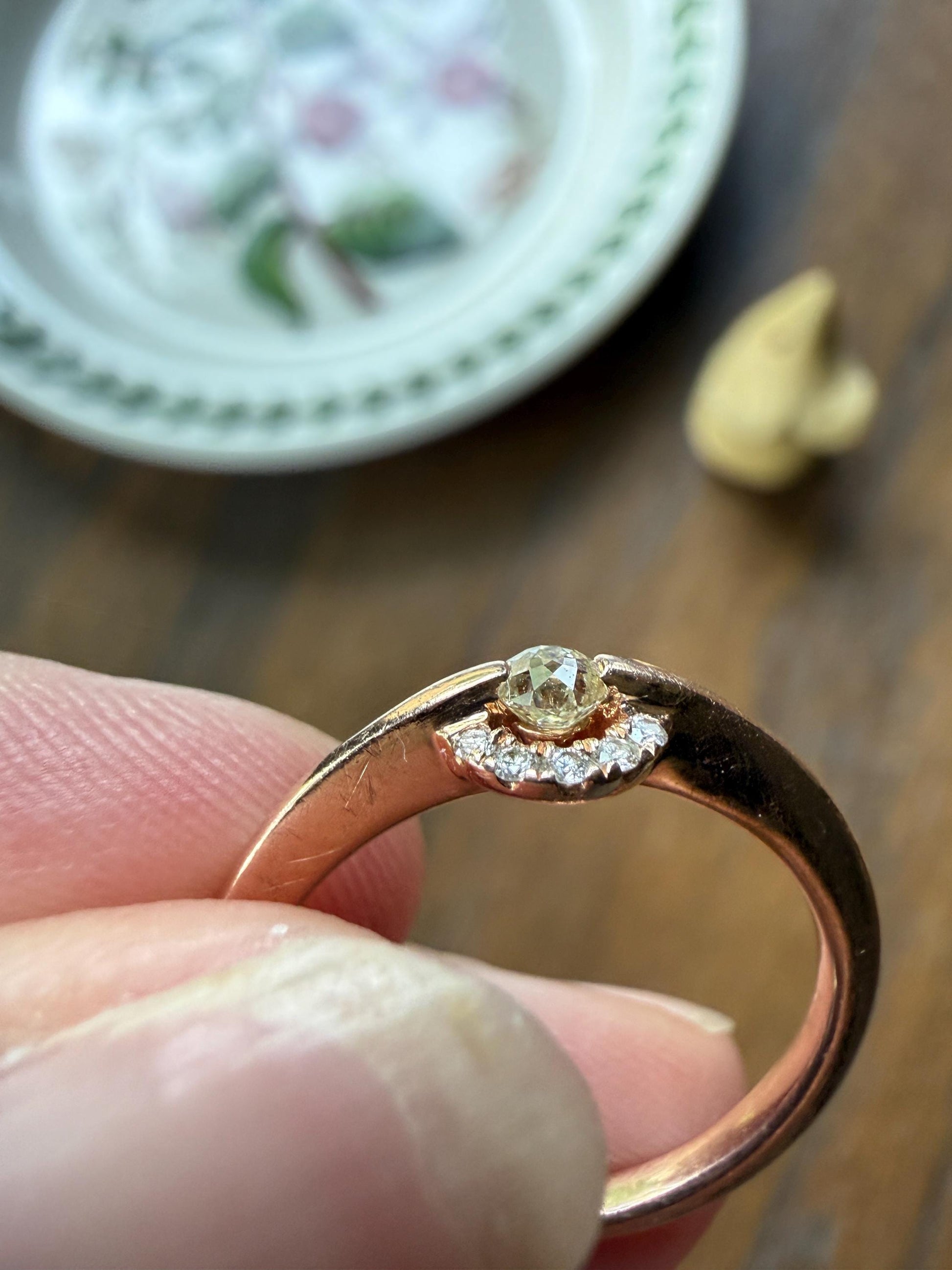 Vintage Uniquely Cut Diamond Ring with Halo Accents 14k Gold Geometric Minimalist Stacker