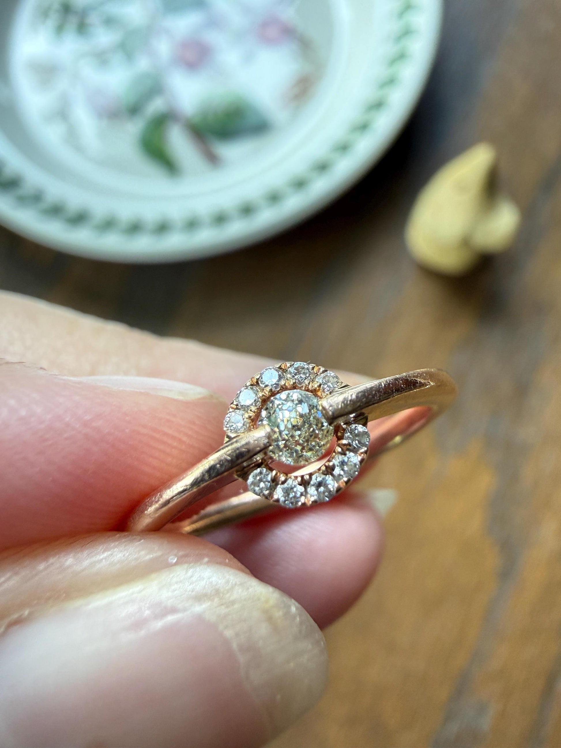 Vintage Uniquely Cut Diamond Ring with Halo Accents 14k Gold Geometric Minimalist Stacker