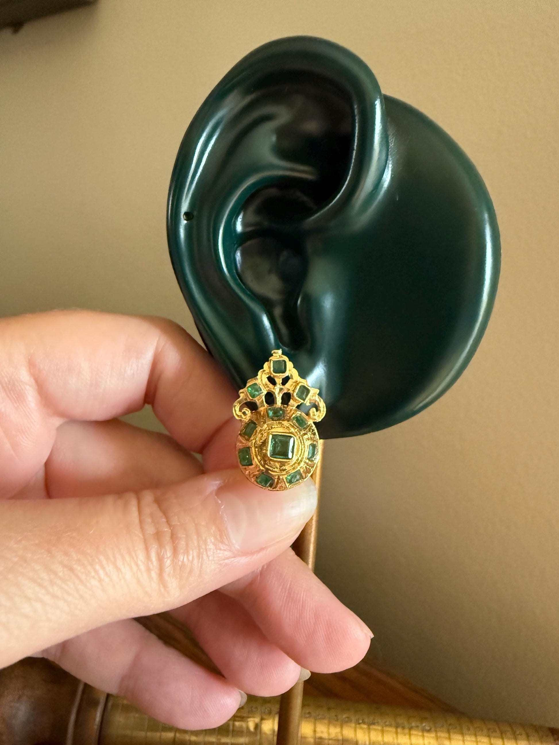 ANTIQUE Iberian 22 Natural Square Cut EMERALD Early 1900s Georgian Revival Crowned Domed Stud Earrings 18k Gold Baroque Style Green Engraved