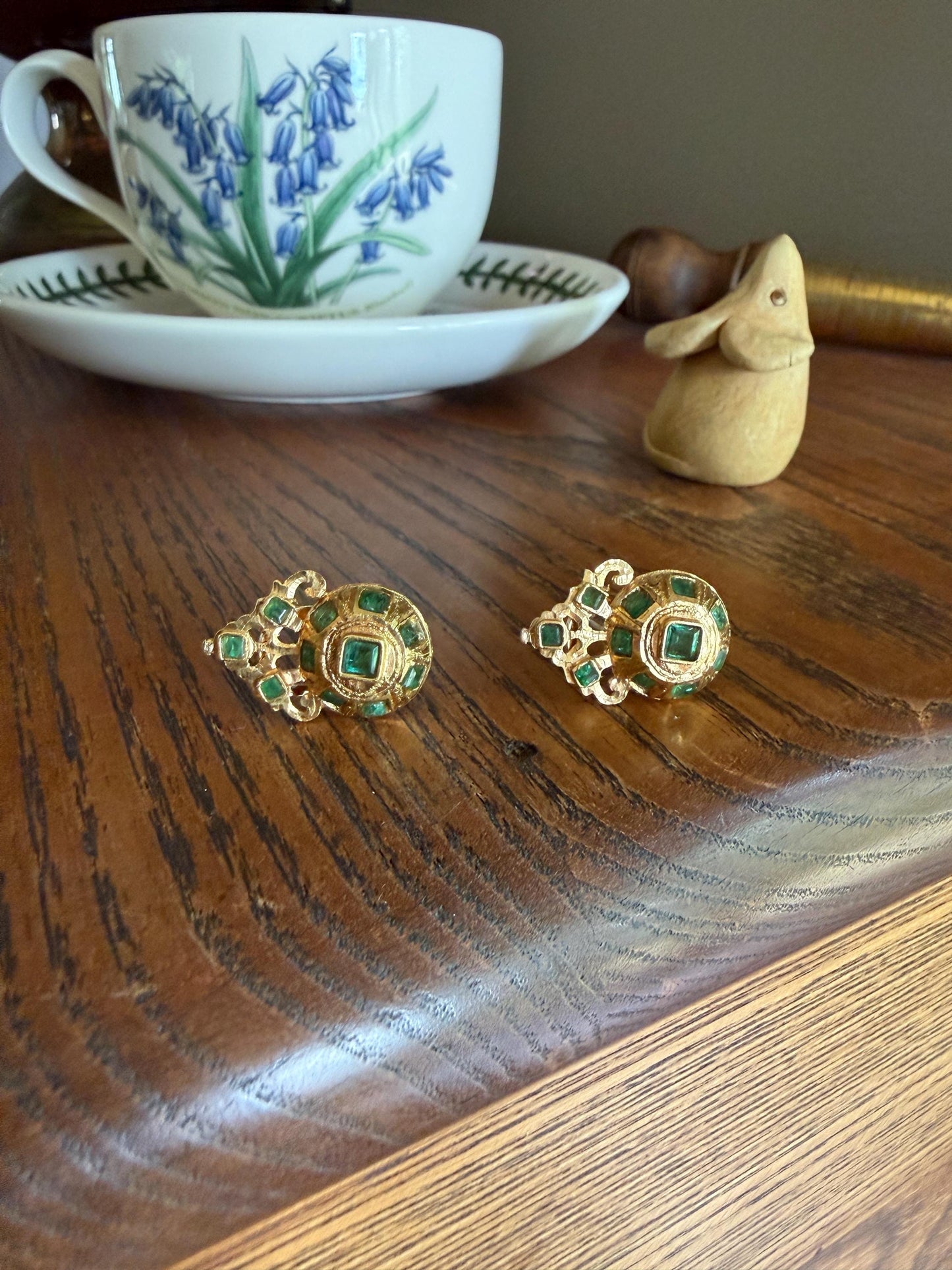 ANTIQUE Iberian 22 Natural Square Cut EMERALD Early 1900s Georgian Revival Crowned Domed Stud Earrings 18k Gold Baroque Style Green Engraved