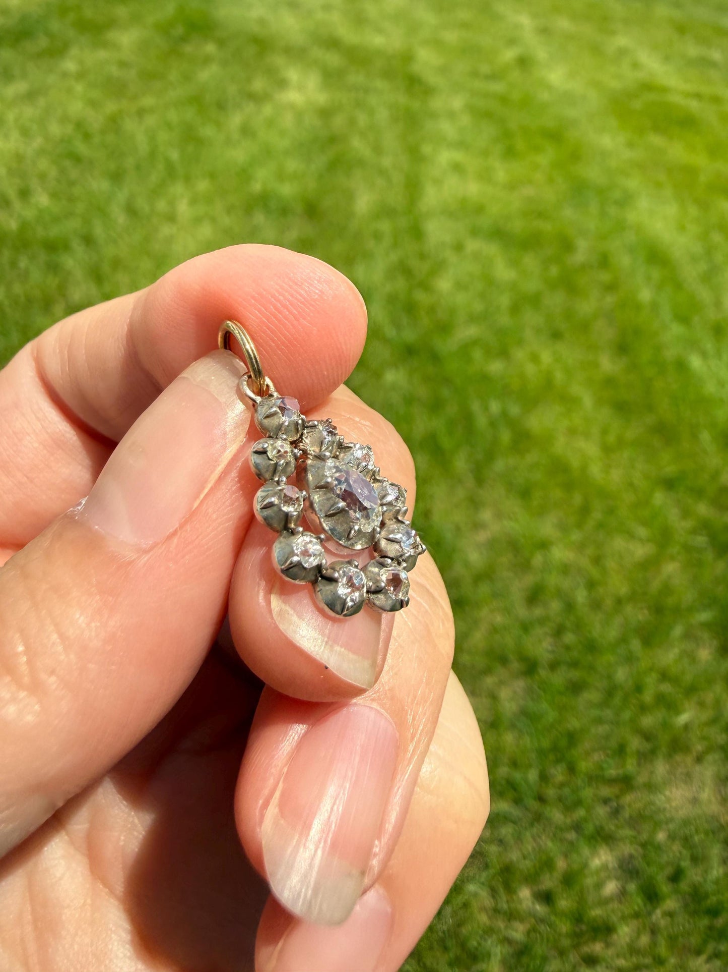 GEORGIAN Era Antique 1.1 Carat Old Mine Peruzzi Cut DIAMOND Pear Teardrop Cluster Pendant Split Ring French 18k Gold Silver Dangle OMC Gift