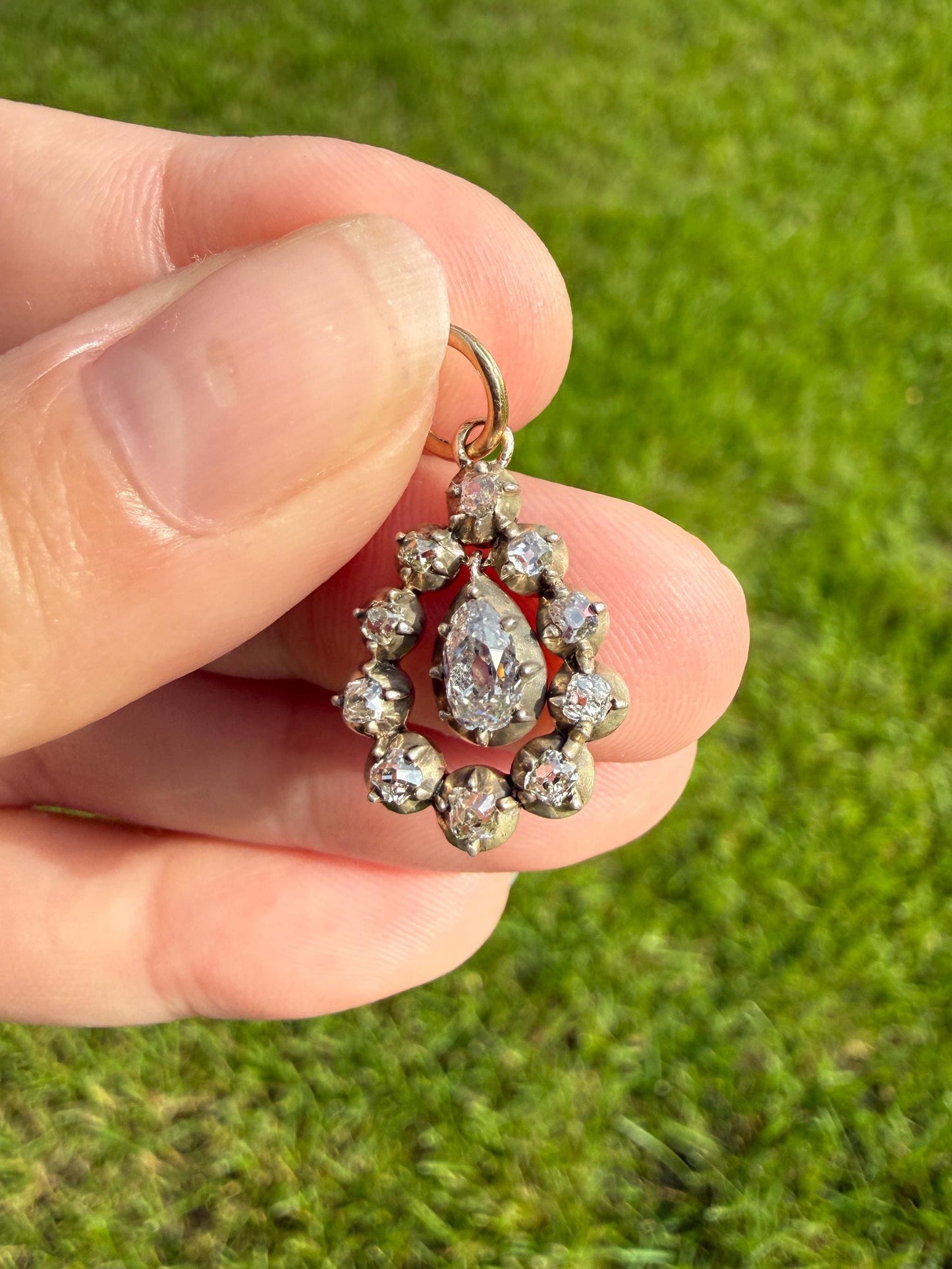 GEORGIAN Era Antique 1.1 Carat Old Mine Peruzzi Cut DIAMOND Pear Teardrop Cluster Pendant Split Ring French 18k Gold Silver Dangle OMC Gift