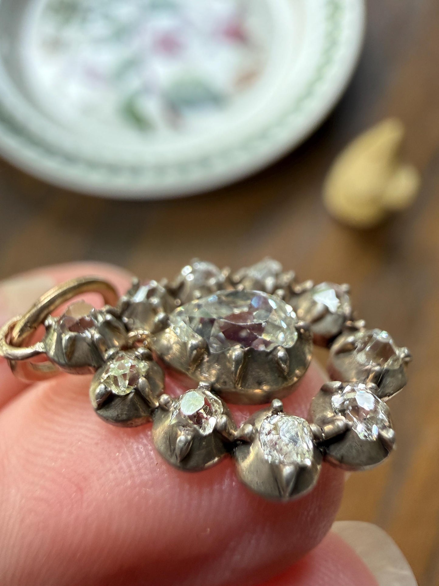 GEORGIAN Era Antique 1.1 Carat Old Mine Peruzzi Cut DIAMOND Pear Teardrop Cluster Pendant Split Ring French 18k Gold Silver Dangle OMC Gift