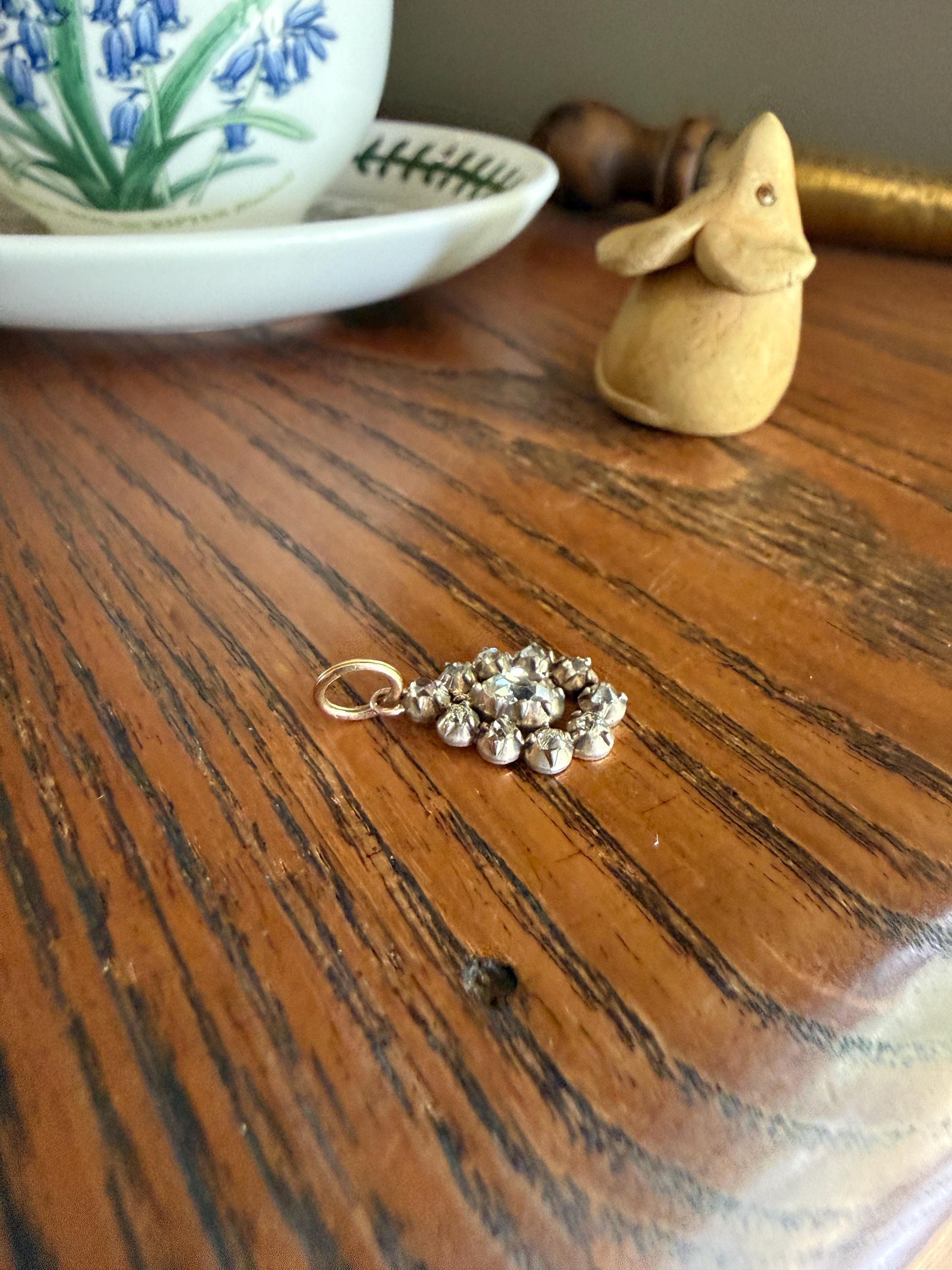 GEORGIAN Era Antique 1.1 Carat Old Mine Peruzzi Cut DIAMOND Pear Teardrop Cluster Pendant Split Ring French 18k Gold Silver Dangle OMC Gift