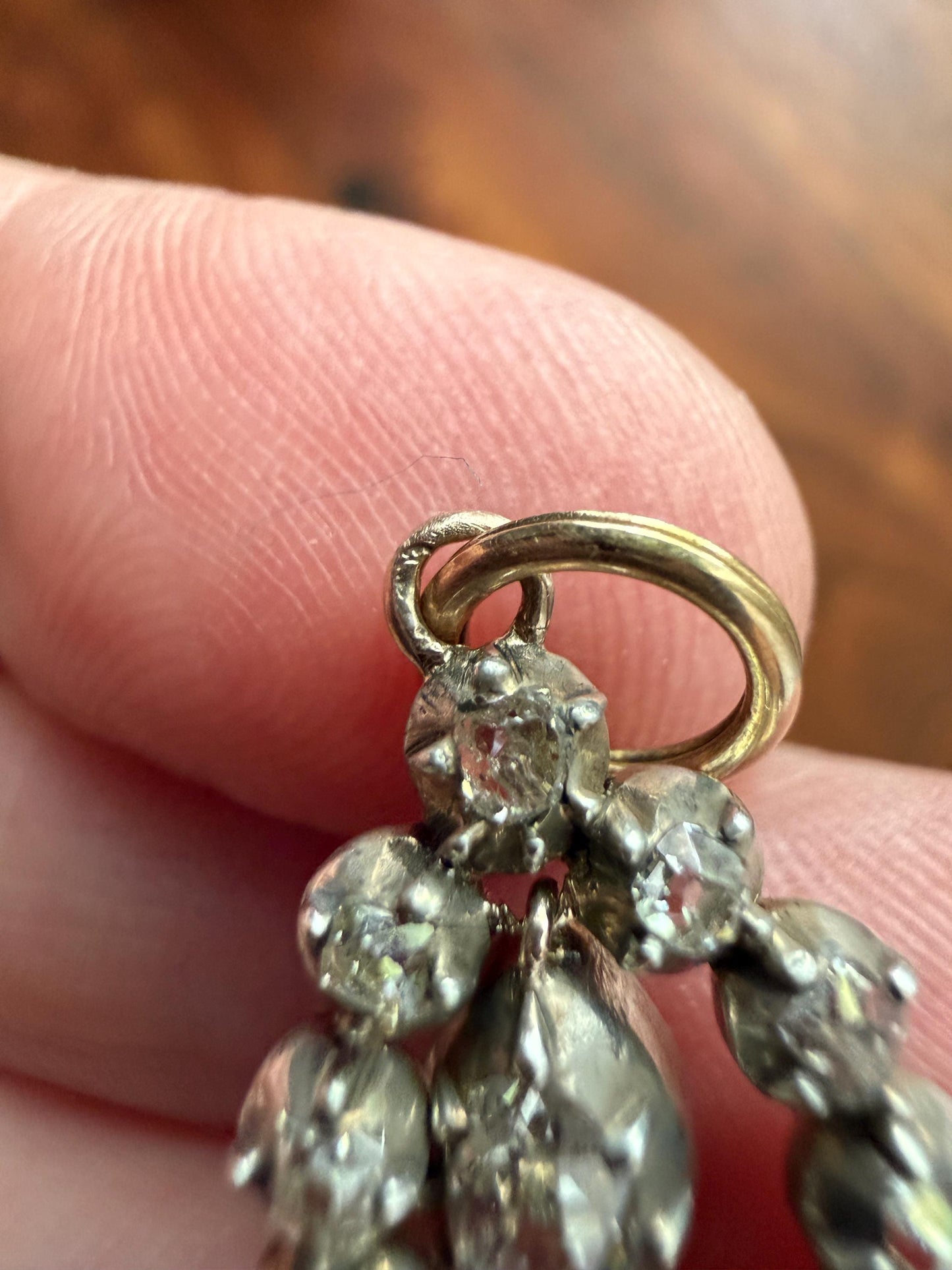 GEORGIAN Era Antique 1.1 Carat Old Mine Peruzzi Cut DIAMOND Pear Teardrop Cluster Pendant Split Ring French 18k Gold Silver Dangle OMC Gift