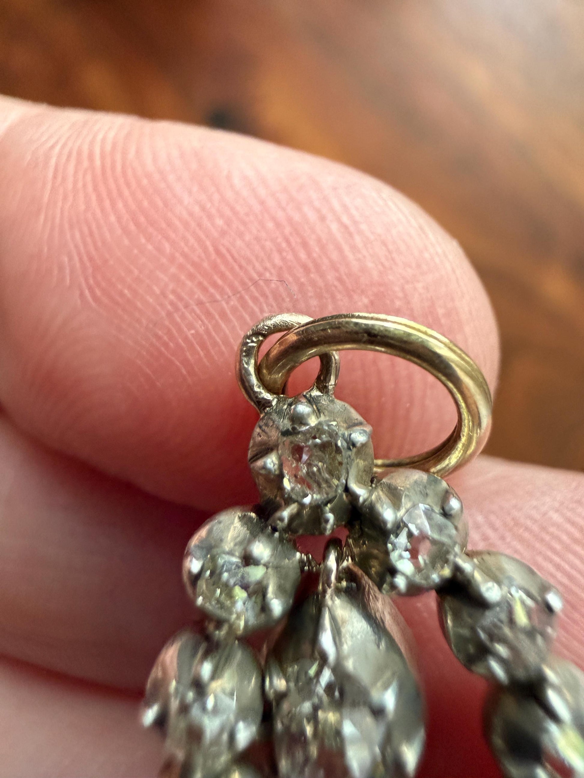 GEORGIAN Era Antique 1.1 Carat Old Mine Peruzzi Cut DIAMOND Pear Teardrop Cluster Pendant Split Ring French 18k Gold Silver Dangle OMC Gift