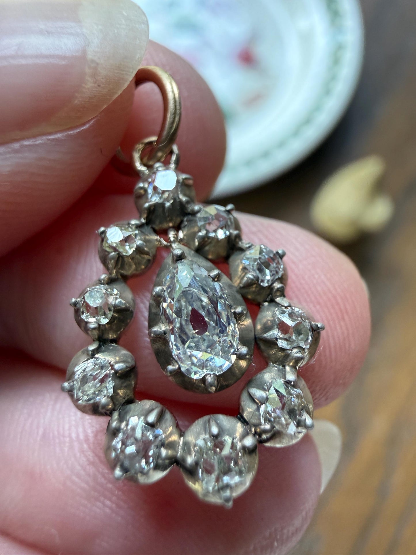GEORGIAN Era Antique 1.1 Carat Old Mine Peruzzi Cut DIAMOND Pear Teardrop Cluster Pendant Split Ring French 18k Gold Silver Dangle OMC Gift