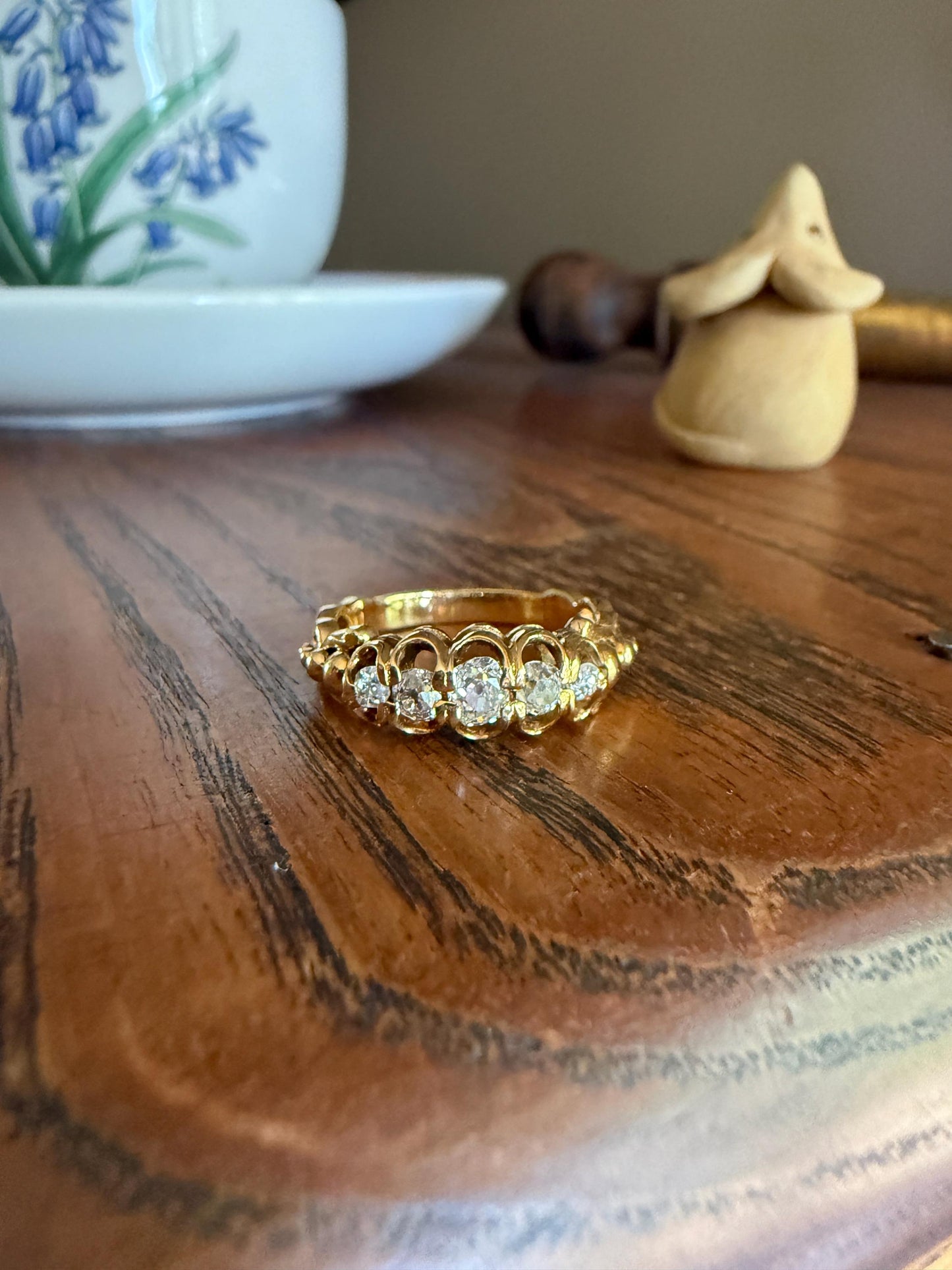 UNIQUE Ornate Victorian Five Stone Old Mine Cut Diamond Ring 18k Gold Antique Band Scroll Scallop Ball Rivet Gorgeousness