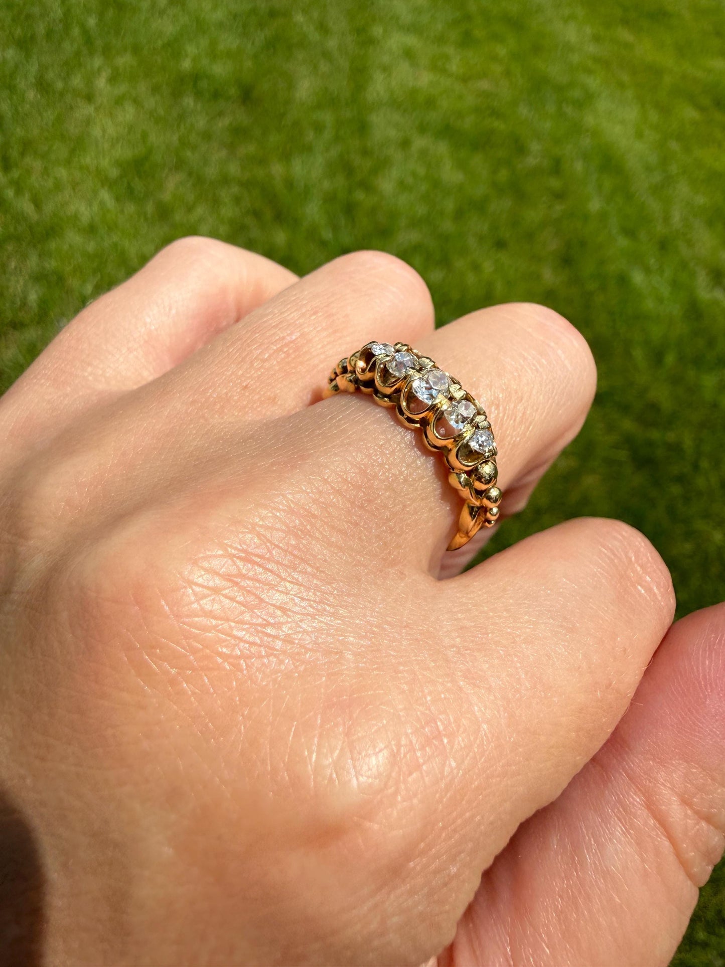 UNIQUE Ornate Victorian Five Stone Old Mine Cut Diamond Ring 18k Gold Antique Band Scroll Scallop Ball Rivet Gorgeousness