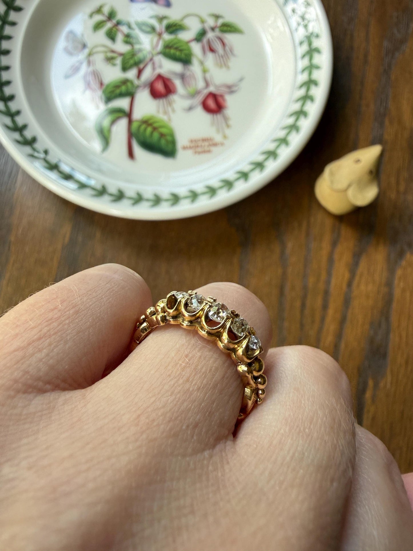 UNIQUE Ornate Victorian Five Stone Old Mine Cut Diamond Ring 18k Gold Antique Band Scroll Scallop Ball Rivet Gorgeousness