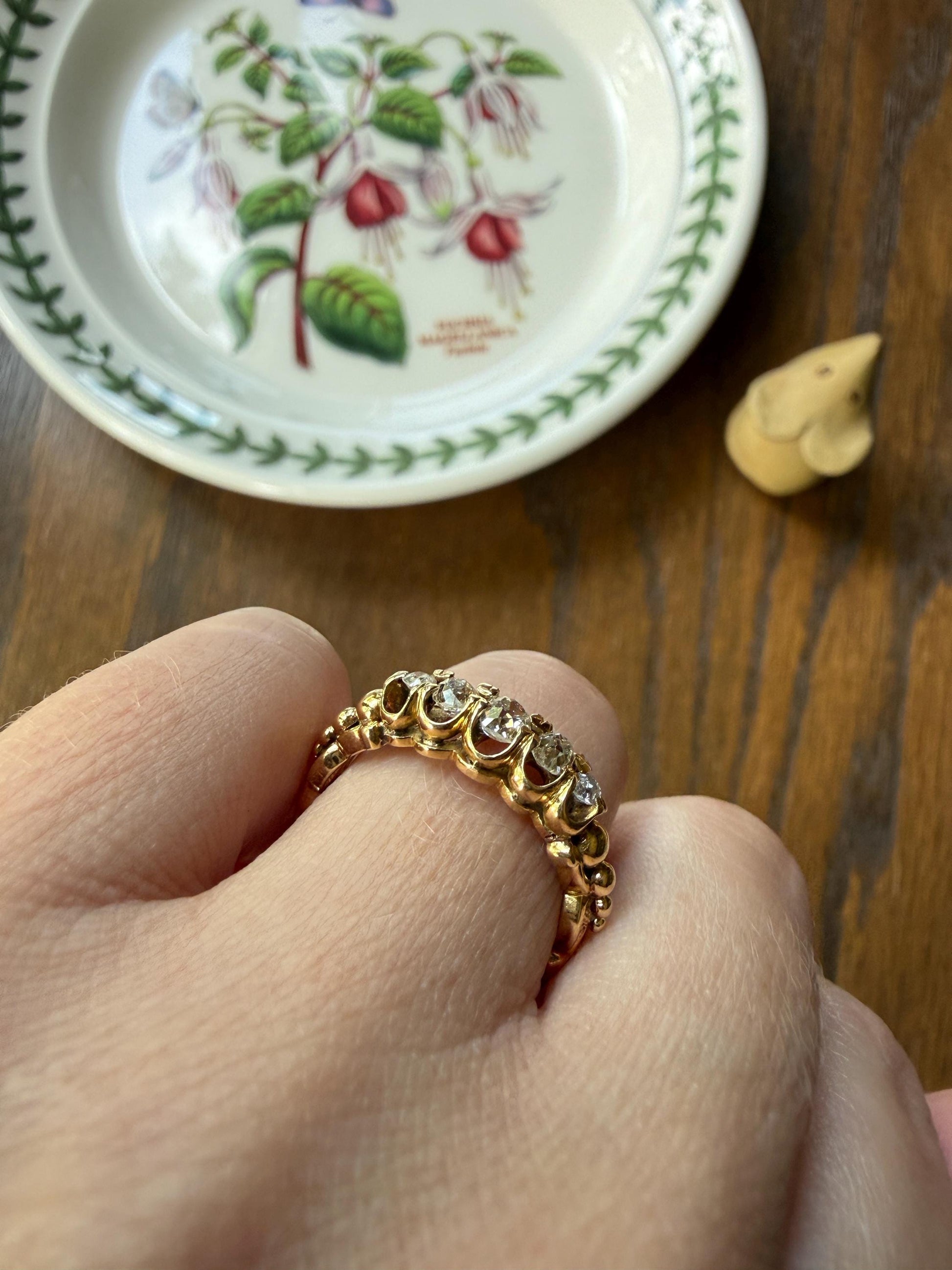 UNIQUE Ornate Victorian Five Stone Old Mine Cut Diamond Ring 18k Gold Antique Band Scroll Scallop Ball Rivet Gorgeousness