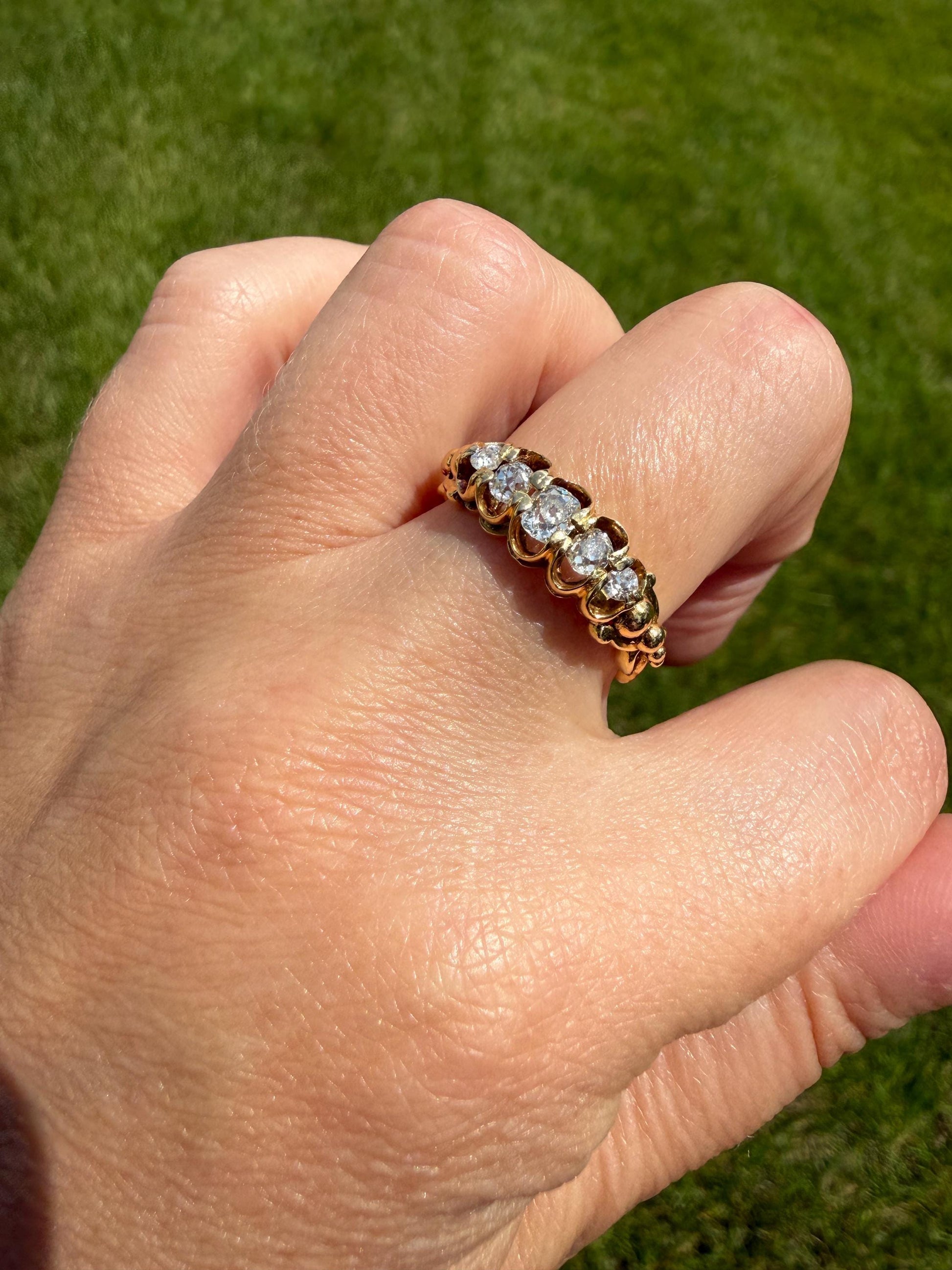 UNIQUE Ornate Victorian Five Stone Old Mine Cut Diamond Ring 18k Gold Antique Band Scroll Scallop Ball Rivet Gorgeousness