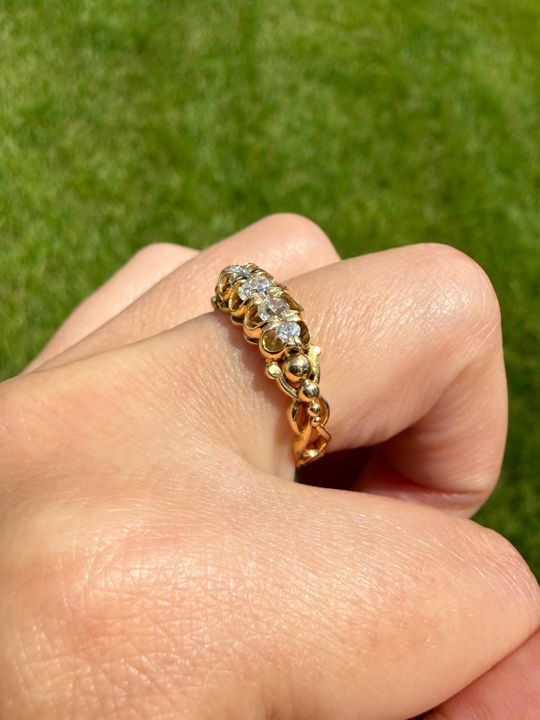 UNIQUE Ornate Victorian Five Stone Old Mine Cut Diamond Ring 18k Gold Antique Band Scroll Scallop Ball Rivet Gorgeousness