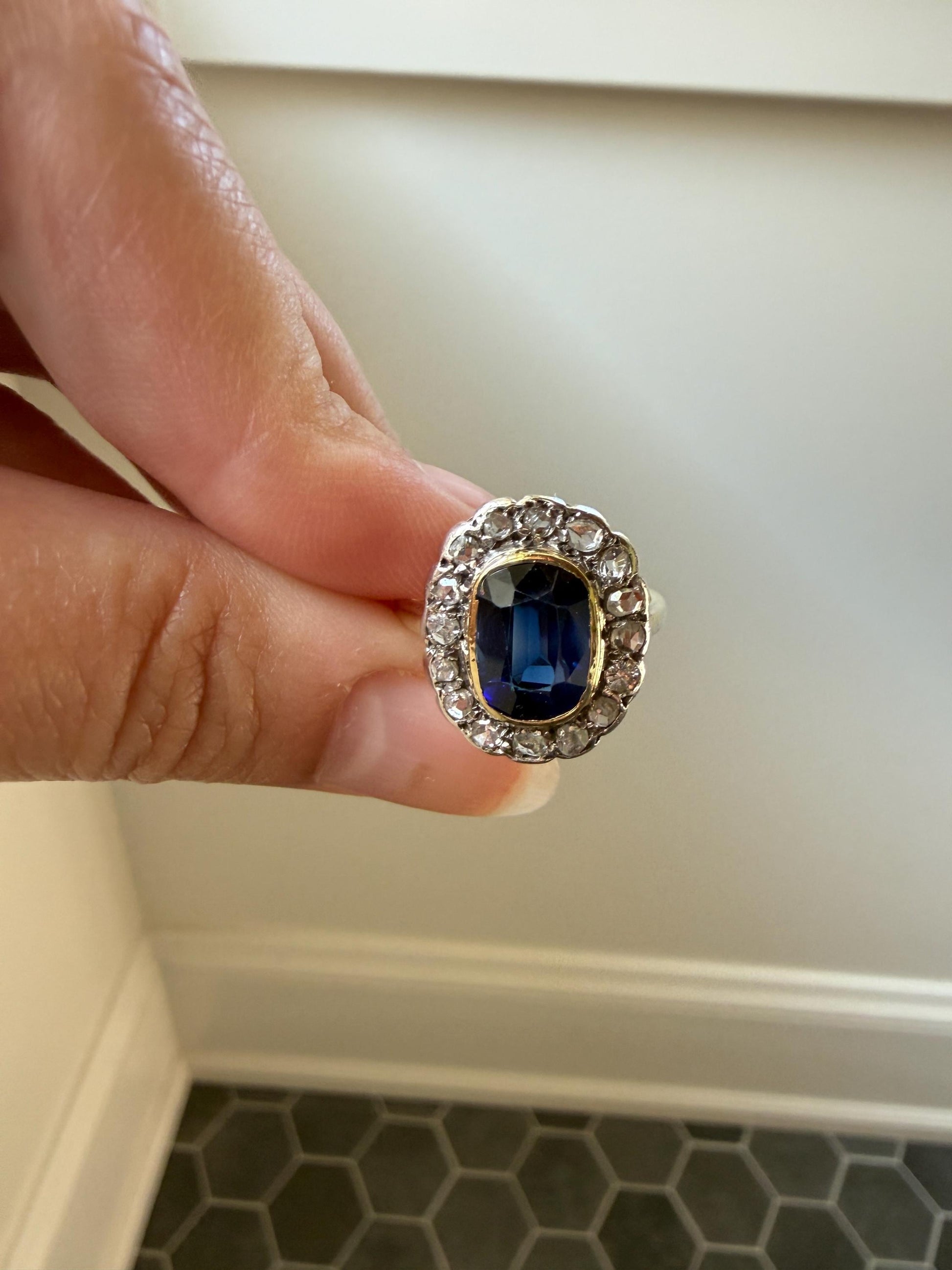 SAPPHIRE Rose Cut Diamond Halo French Antique Ring 18k Gold Silver Belle Epoque Ring Scalloped Blue Sparkle Edwardian early 1900s