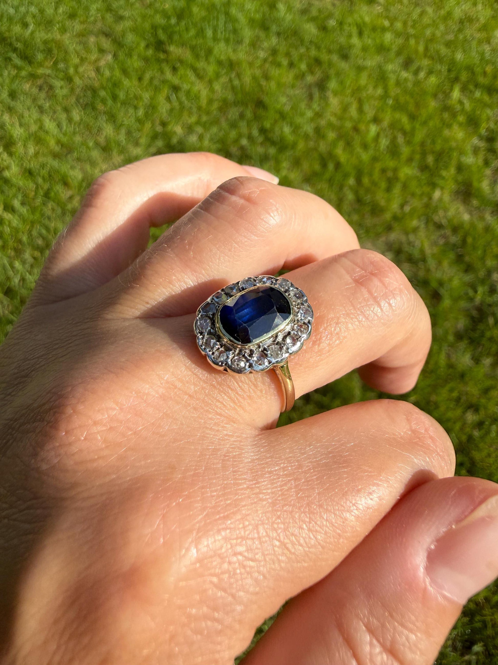 SAPPHIRE Rose Cut Diamond Halo French Antique Ring 18k Gold Silver Belle Epoque Ring Scalloped Blue Sparkle Edwardian early 1900s