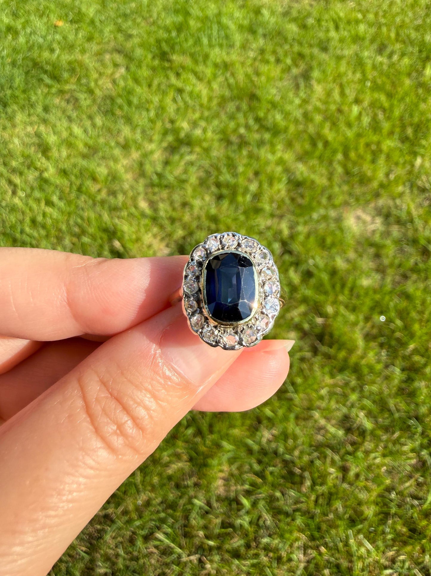 SAPPHIRE Rose Cut Diamond Halo French Antique Ring 18k Gold Silver Belle Epoque Ring Scalloped Blue Sparkle Edwardian early 1900s