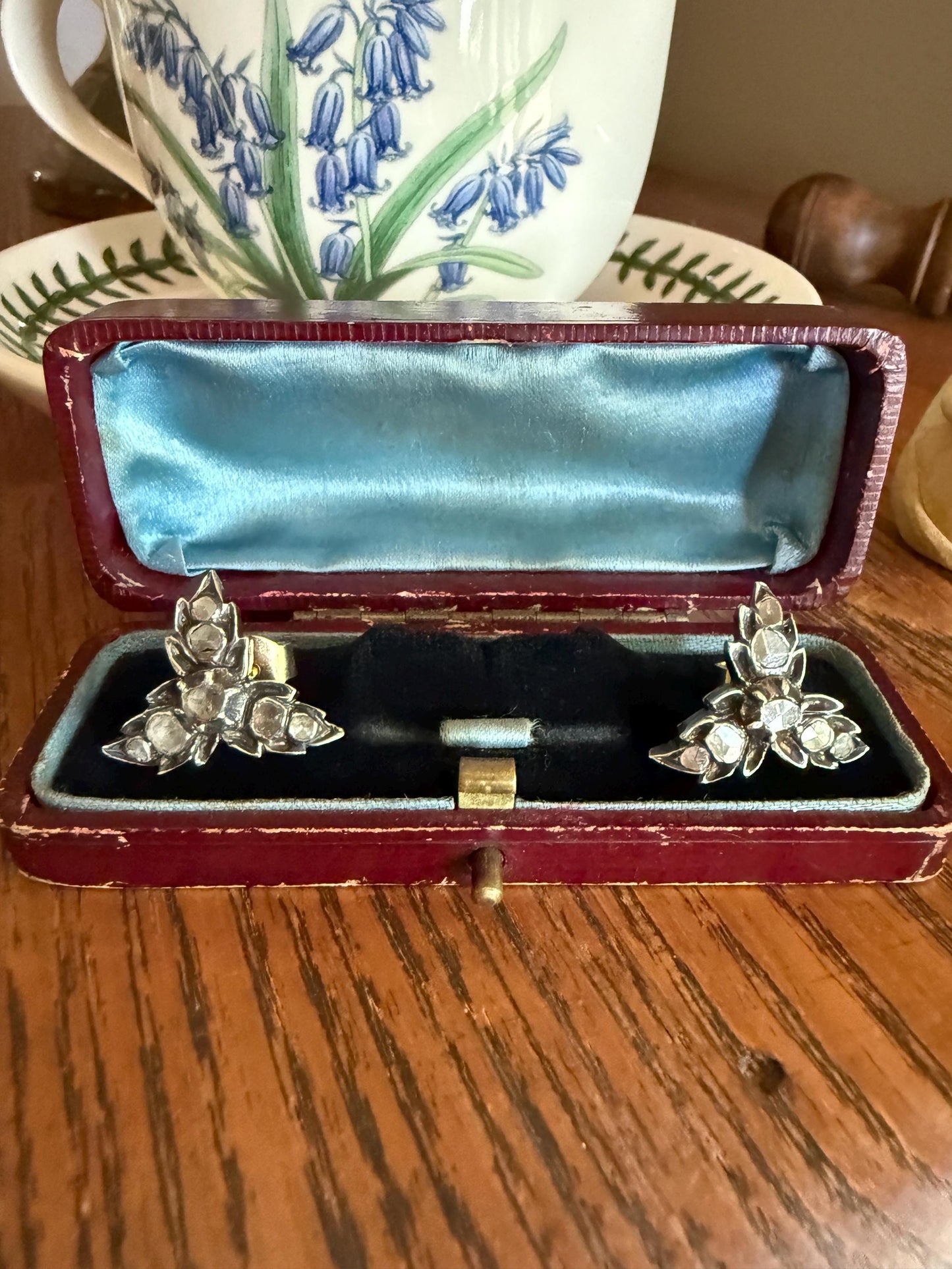 LEAF Georgian ANTIQUE Figural STUD Earrings Rose Cut Diamonds 18k Gold Silver Top Large Scale Spready Sparkle