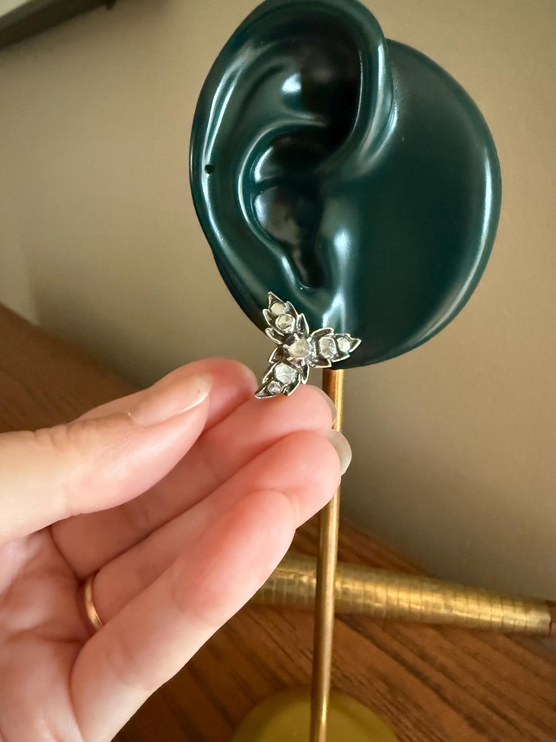 LEAF Georgian ANTIQUE Figural STUD Earrings Rose Cut Diamonds 18k Gold Silver Top Large Scale Spready Sparkle