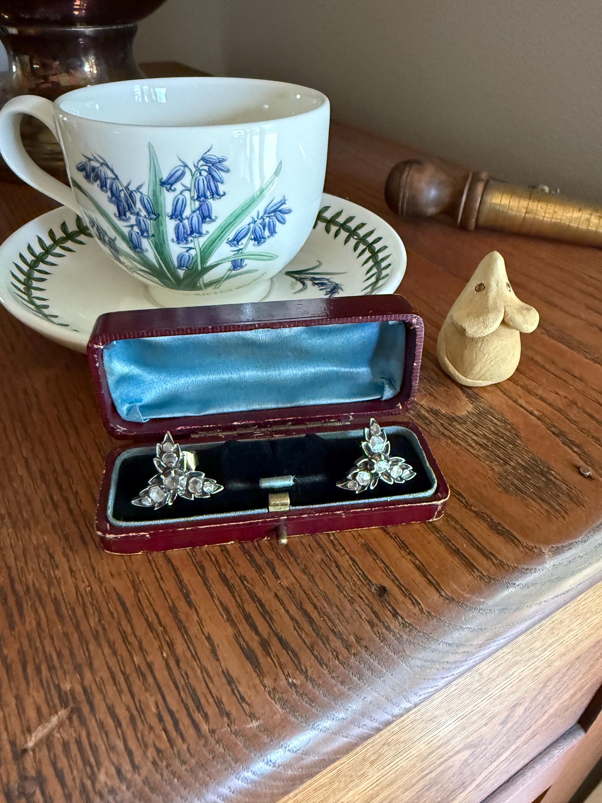 LEAF Georgian ANTIQUE Figural STUD Earrings Rose Cut Diamonds 18k Gold Silver Top Large Scale Spready Sparkle