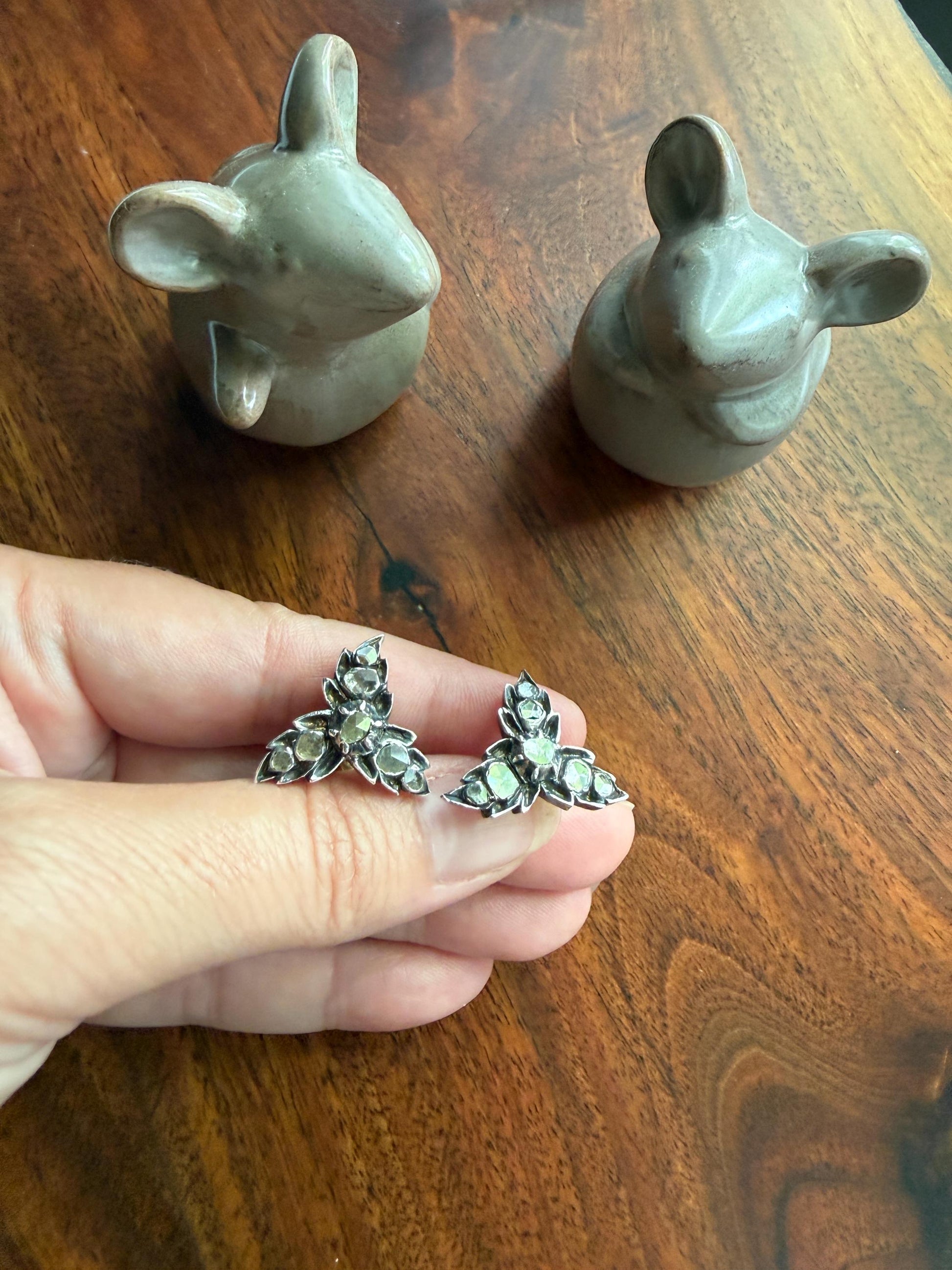 LEAF Georgian ANTIQUE Figural STUD Earrings Rose Cut Diamonds 18k Gold Silver Top Large Scale Spready Sparkle