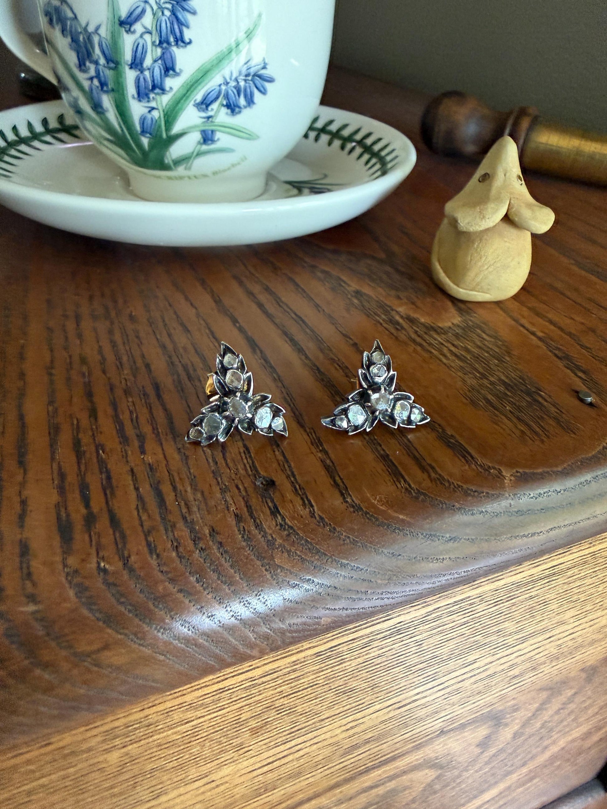 LEAF Georgian ANTIQUE Figural STUD Earrings Rose Cut Diamonds 18k Gold Silver Top Large Scale Spready Sparkle