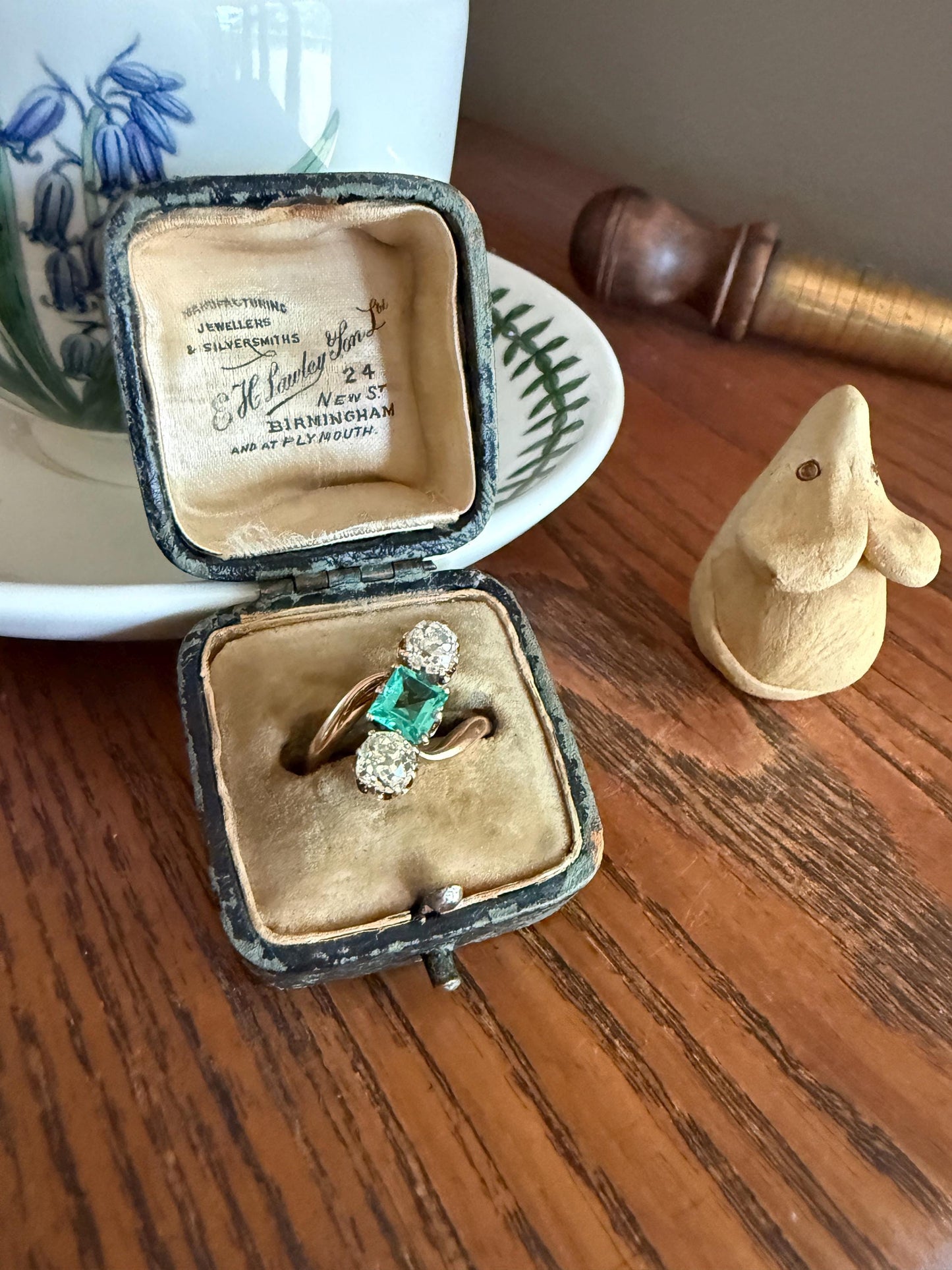 Antique Natural EMERALD & 1.2 Carat Old Mine Cut DIAMONDS Ring Swirl Bypass Band 14k Rose Gold Art Nouveau Green Sparkle