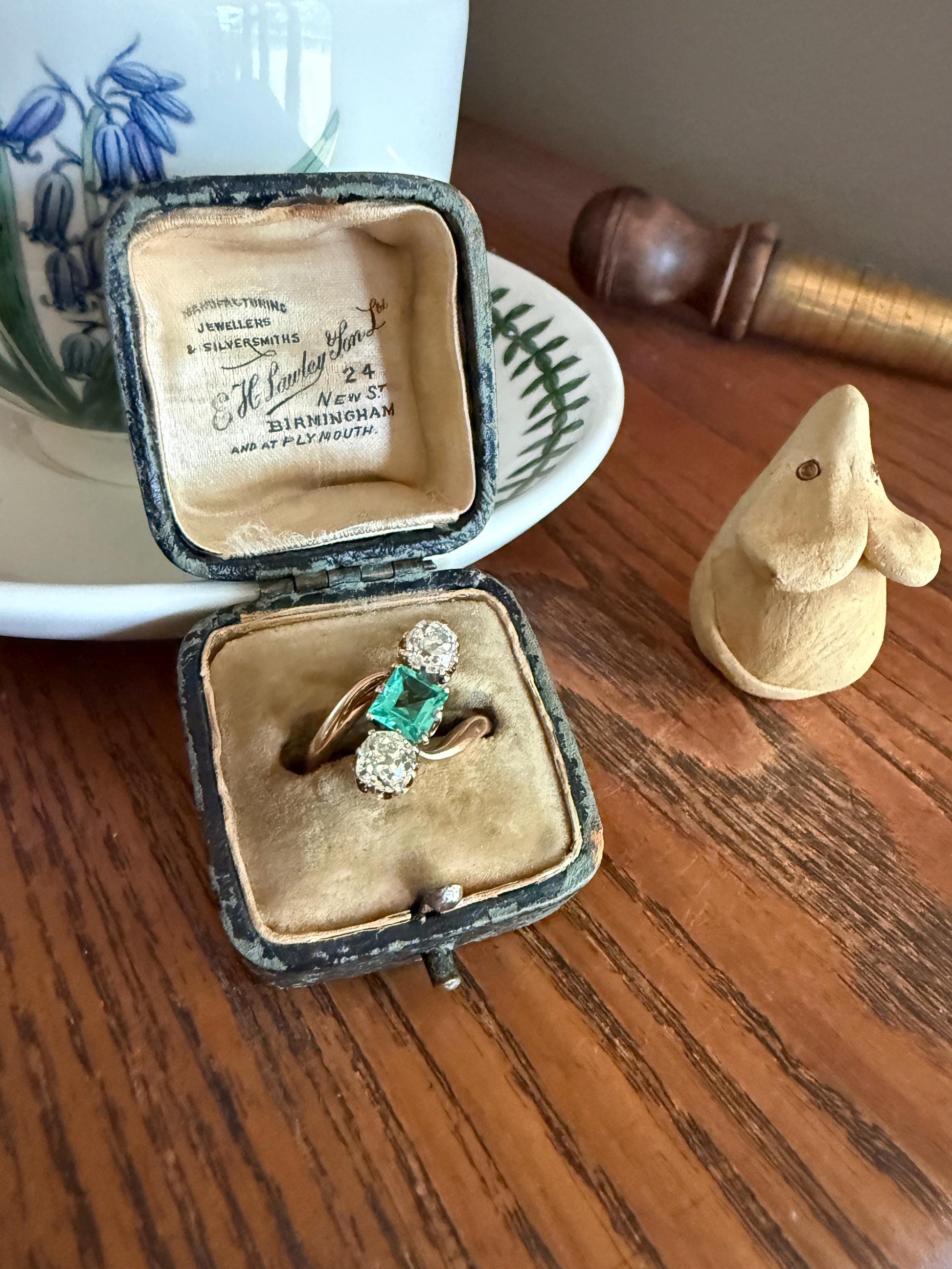 Antique Natural EMERALD & 1.2 Carat Old Mine Cut DIAMONDS Ring Swirl Bypass Band 14k Rose Gold Art Nouveau Green Sparkle