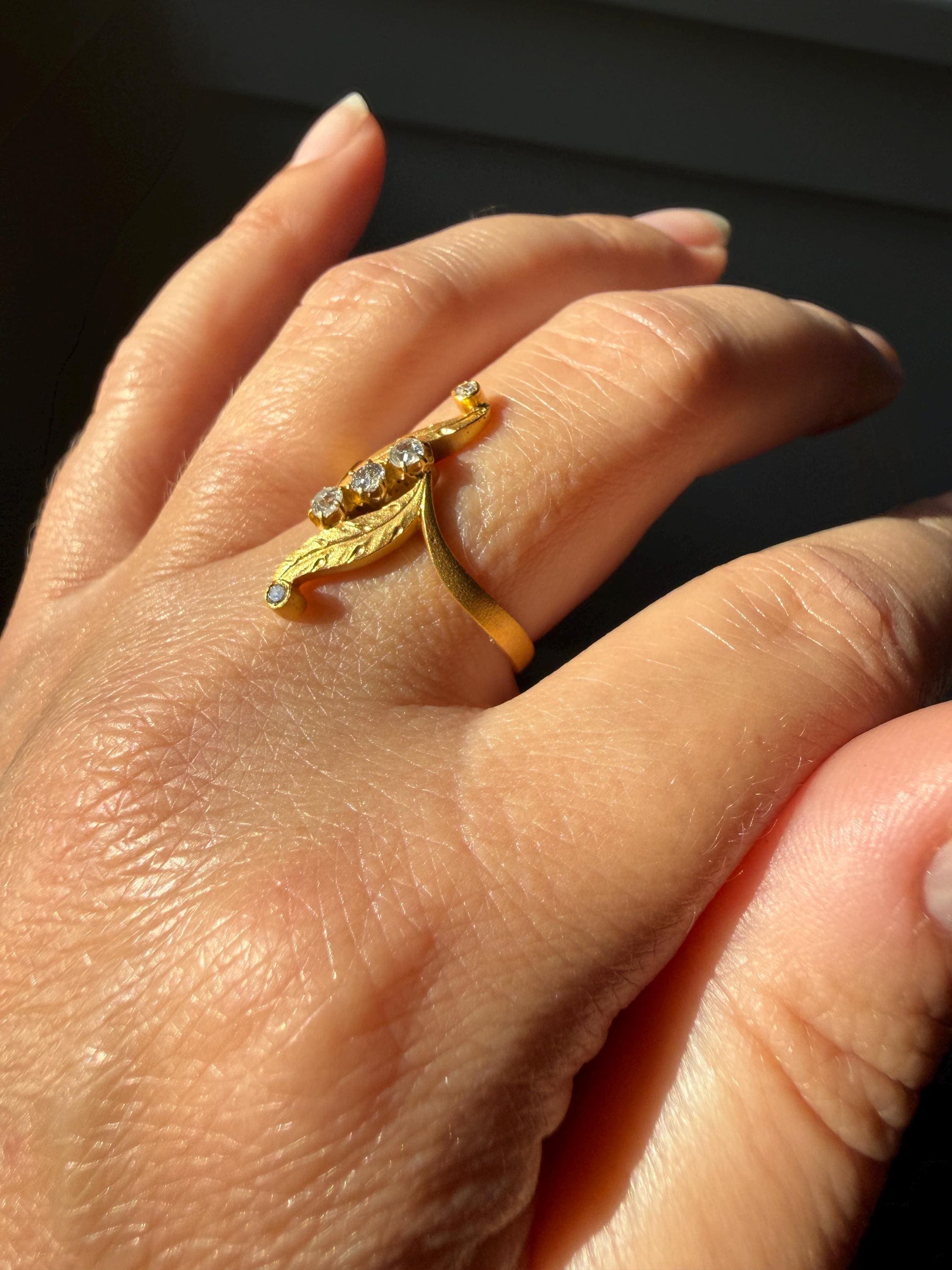 FEATHER Art Nouveau Old Mine Cut Diamond Swirl Ring 18k Gold Antique Band Bypass Movement Sparkle Brushed Satin Matte Finish Texture
