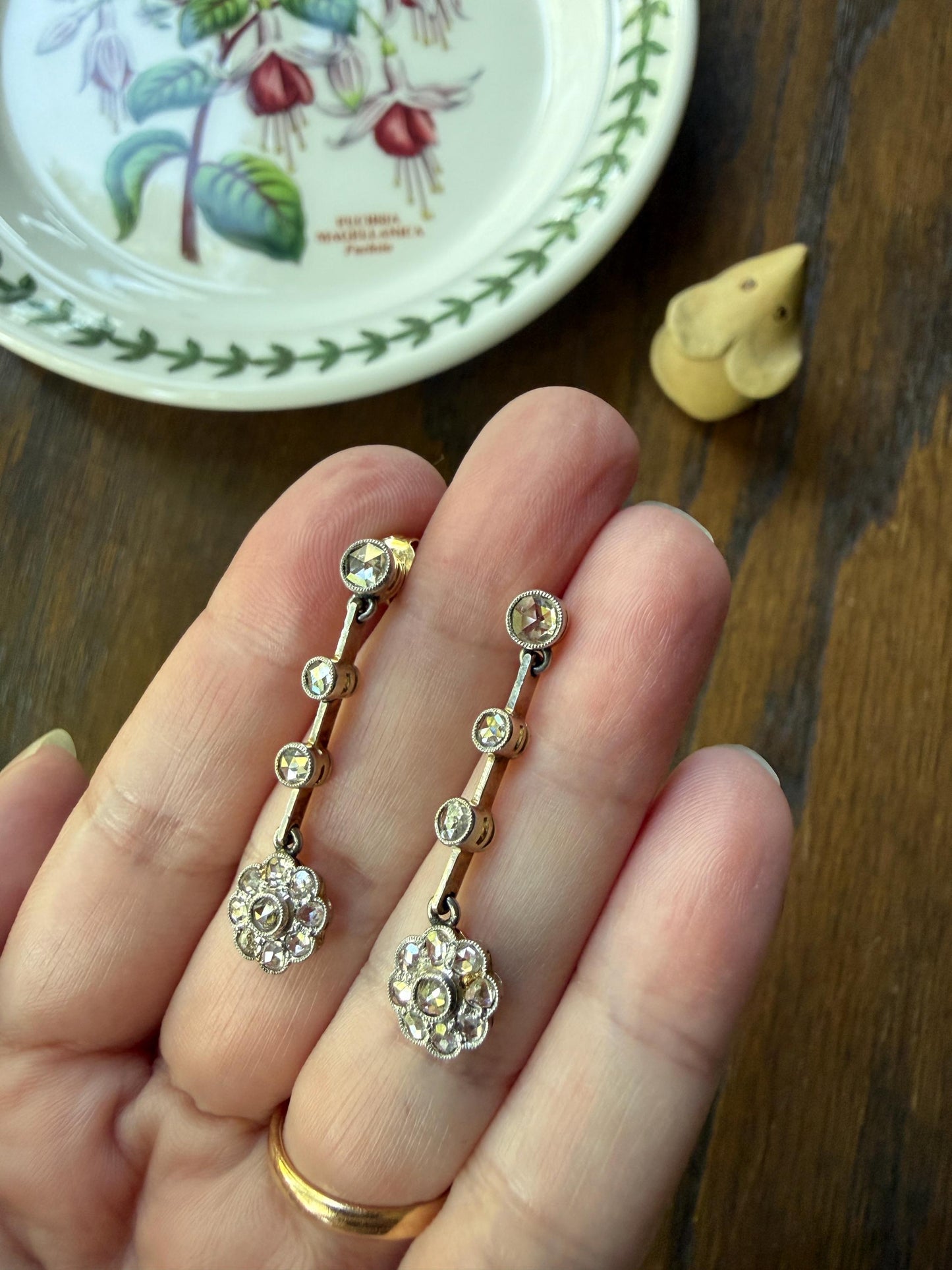ANTIQUE Rose Cut DIAMOND Daisy Cluster Dangle Earrings French Belle Epoque 18k Gold Linear Drops Floral