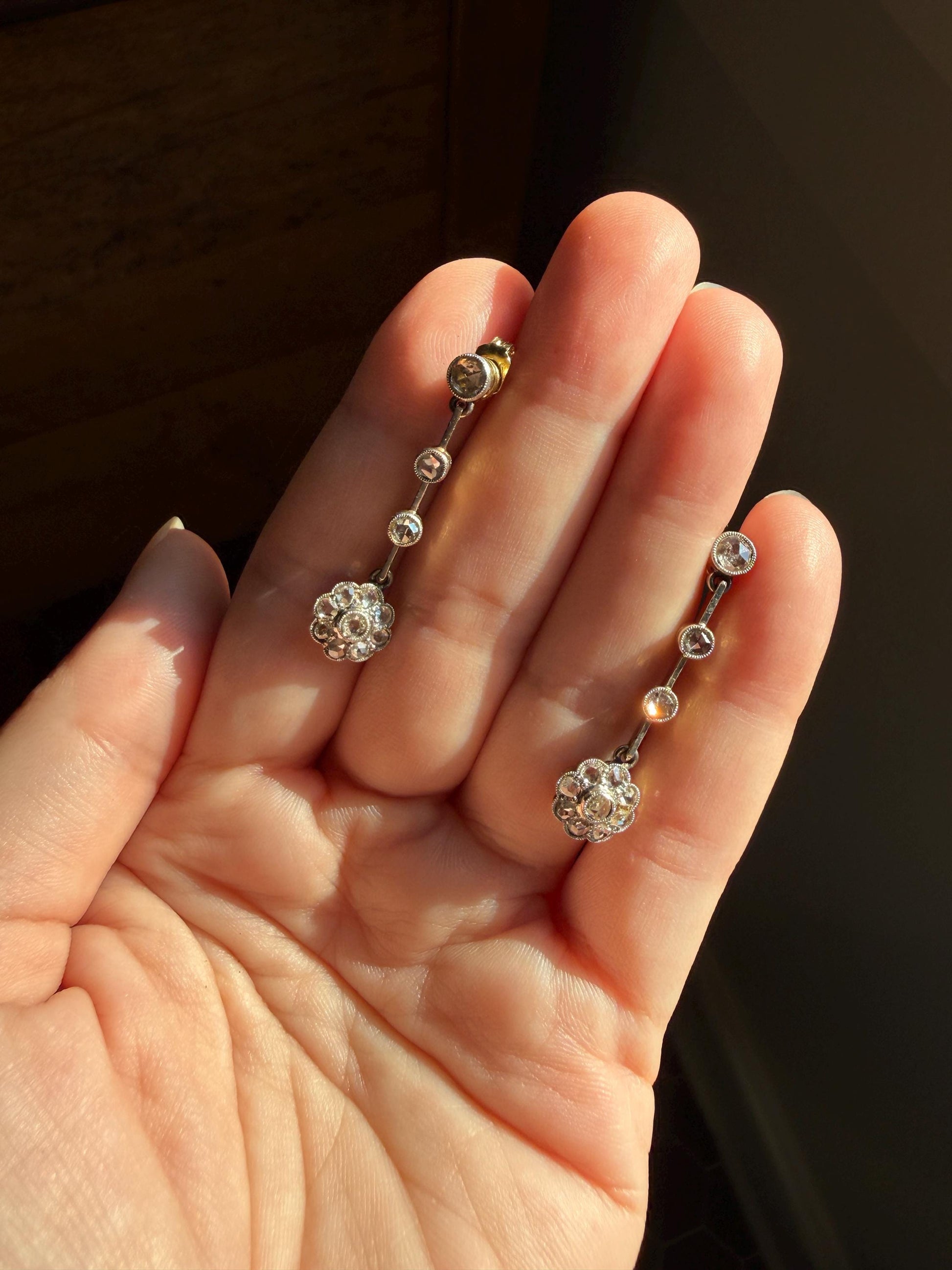 ANTIQUE Rose Cut DIAMOND Daisy Cluster Dangle Earrings French Belle Epoque 18k Gold Linear Drops Floral