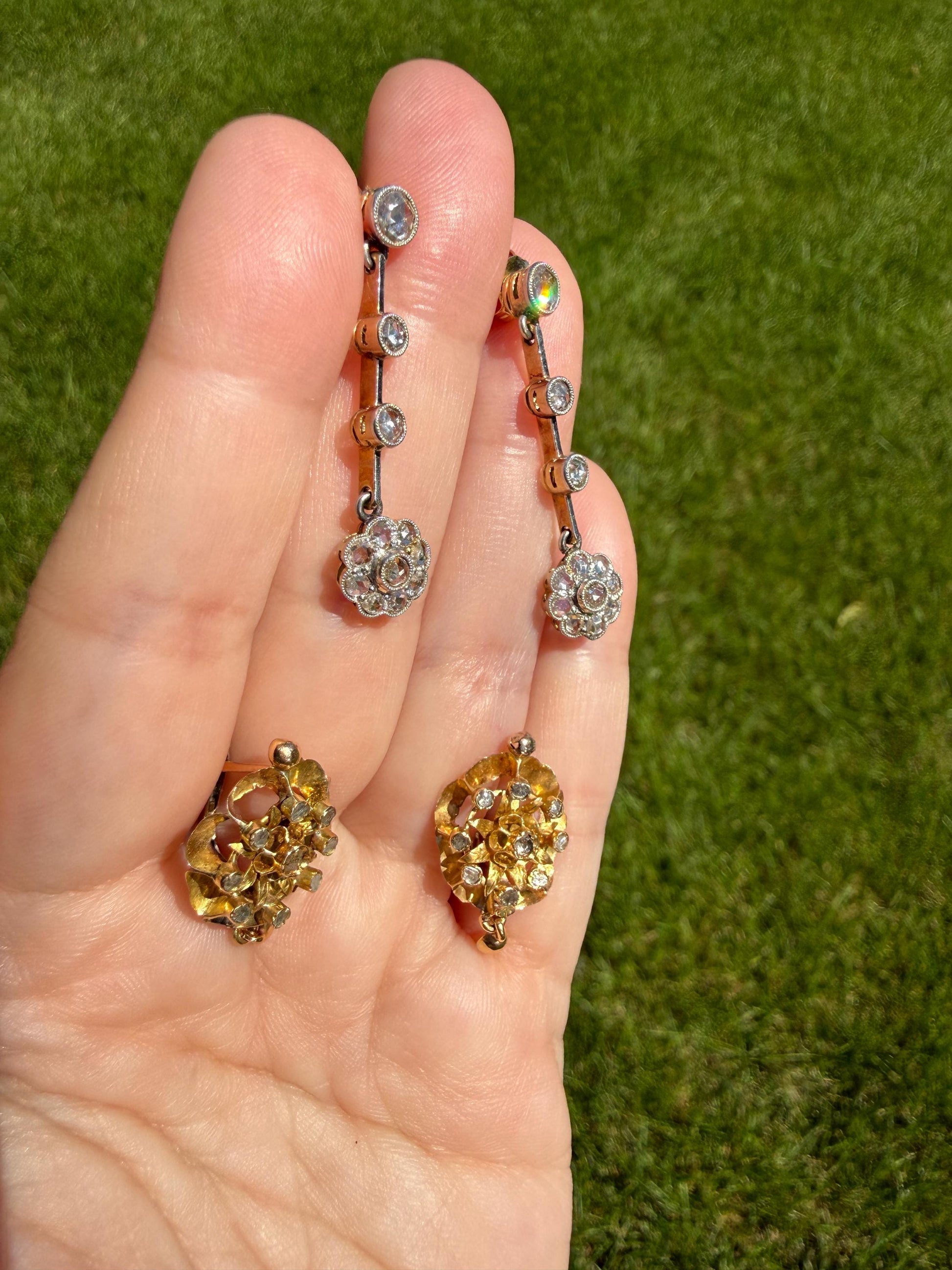 ANTIQUE Rose Cut DIAMOND Daisy Cluster Dangle Earrings French Belle Epoque 18k Gold Linear Drops Floral