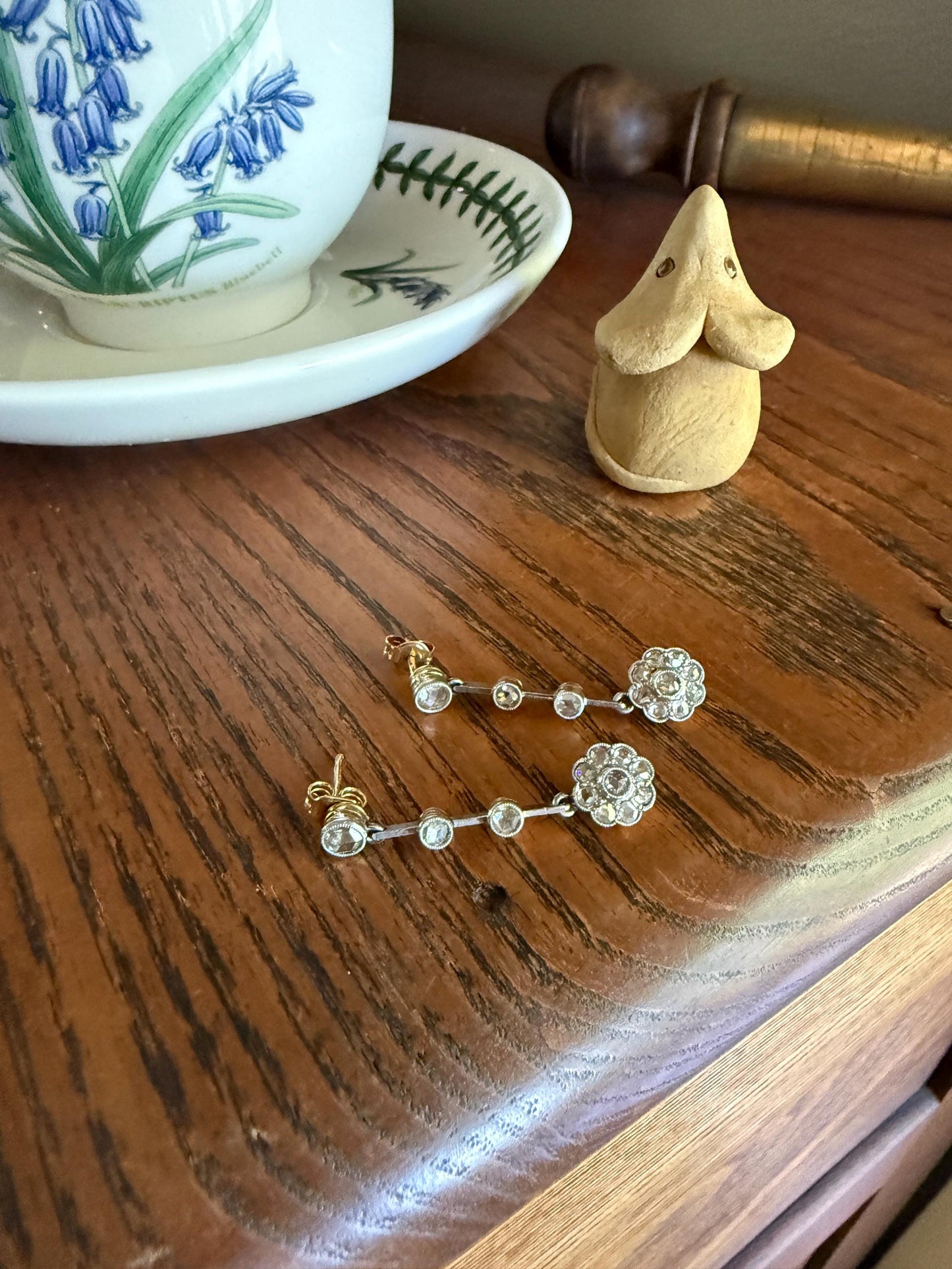 ANTIQUE Rose Cut DIAMOND Daisy Cluster Dangle Earrings French Belle Epoque 18k Gold Linear Drops Floral