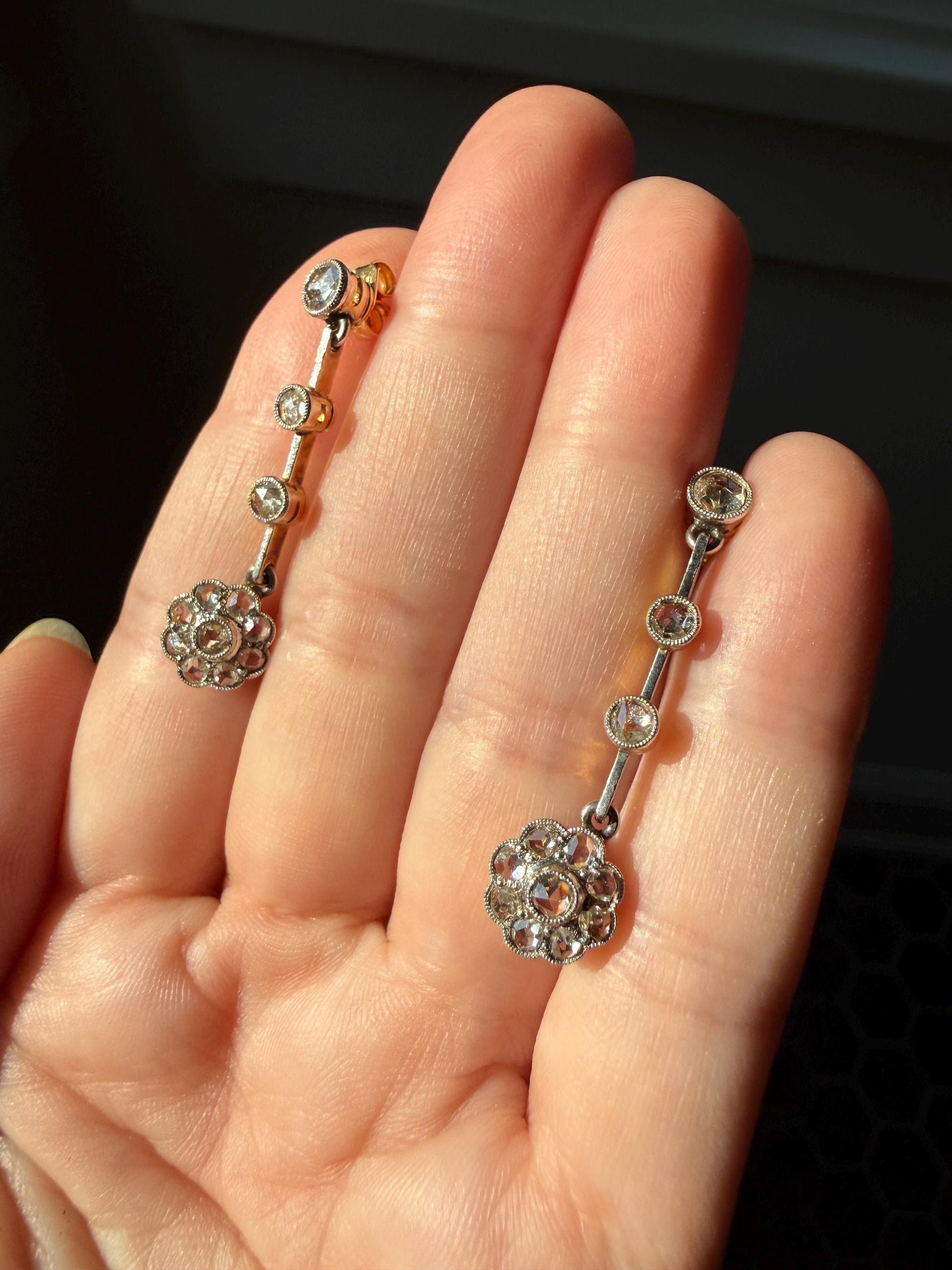 ANTIQUE Rose Cut DIAMOND Daisy Cluster Dangle Earrings French Belle Epoque 18k Gold Linear Drops Floral