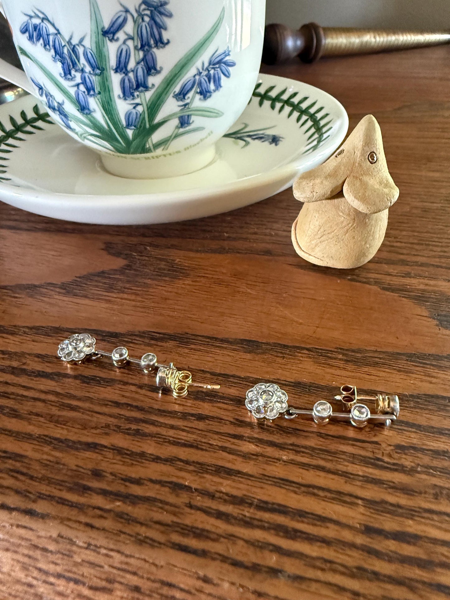 ANTIQUE Rose Cut DIAMOND Daisy Cluster Dangle Earrings French Belle Epoque 18k Gold Linear Drops Floral