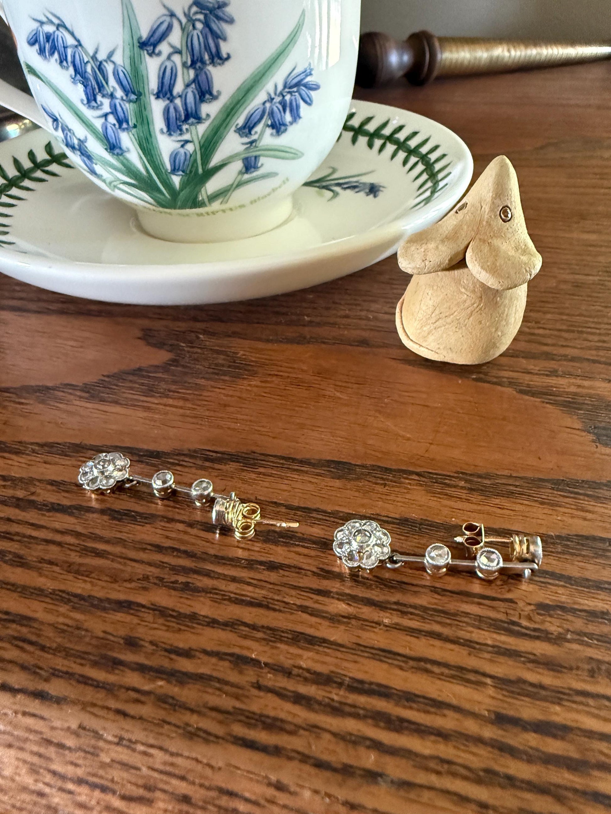 ANTIQUE Rose Cut DIAMOND Daisy Cluster Dangle Earrings French Belle Epoque 18k Gold Linear Drops Floral