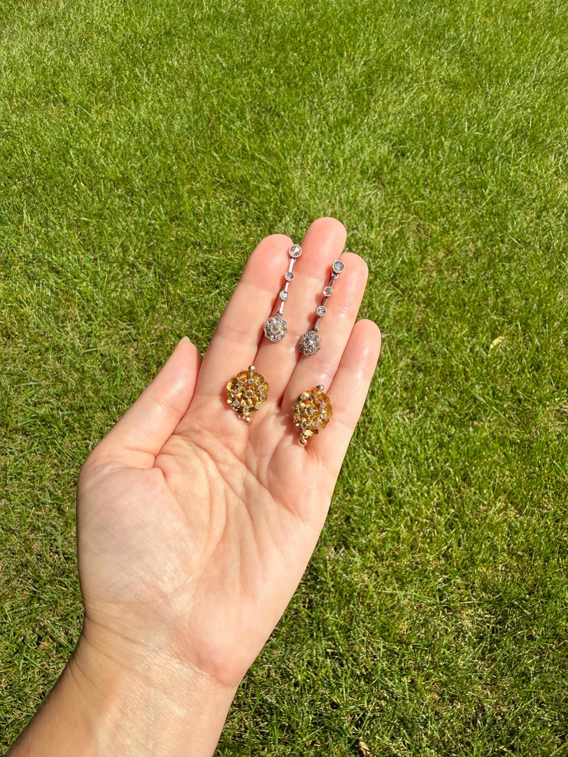STAR Floral Antique Iberian Earrings Georgian Era 18k Gold Figural Rose Cut Diamond Starburst 3D Traditional Spanish Regional