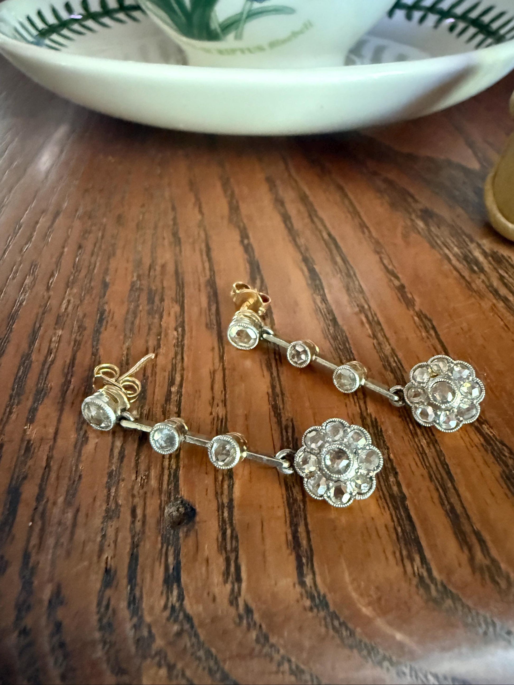 ANTIQUE Rose Cut DIAMOND Daisy Cluster Dangle Earrings French Belle Epoque 18k Gold Linear Drops Floral