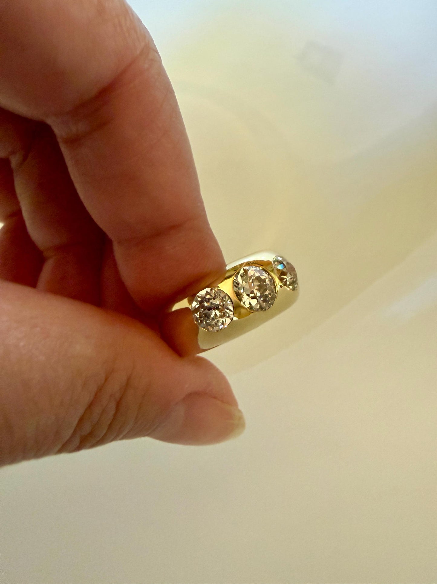 HEAVY Antique 2.4 Carats Natural Old Mine Cut Diamond Three Stone Gypsy Band 10.1g 14k Gold Stacker Ring Man Unisex Chunky