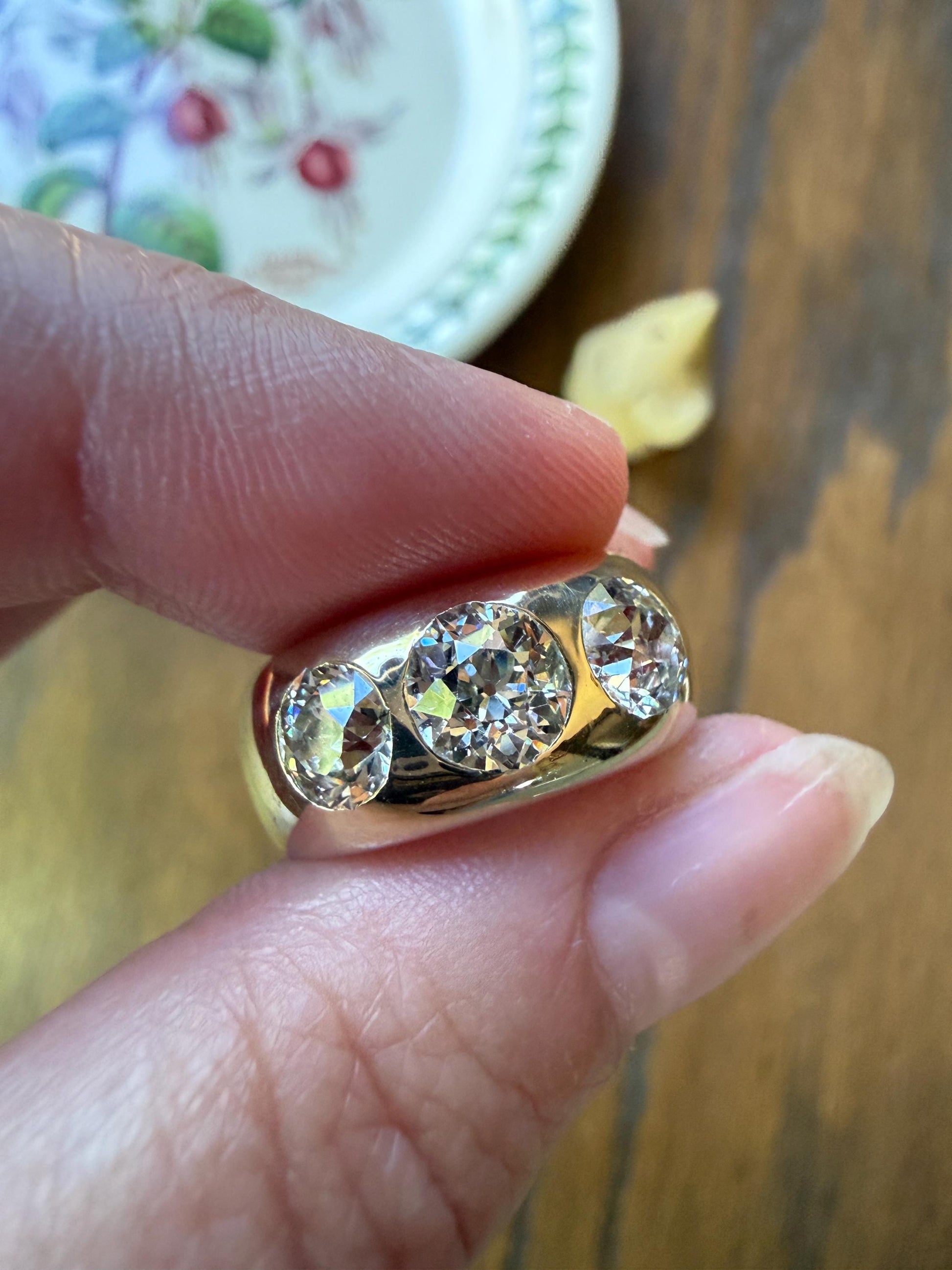 HEAVY Antique 2.4 Carats Natural Old Mine Cut Diamond Three Stone Gypsy Band 10.1g 14k Gold Stacker Ring Man Unisex Chunky