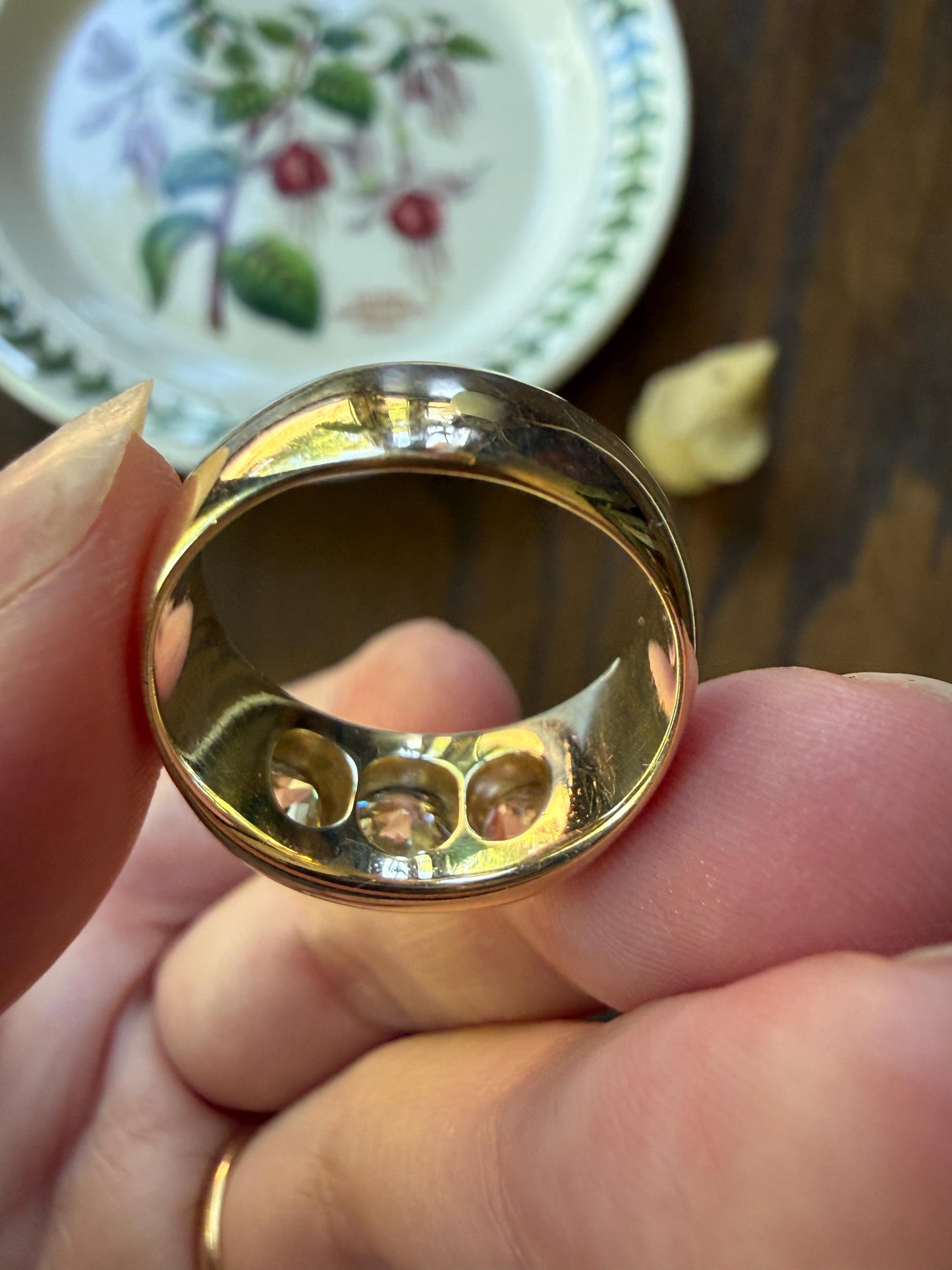 HEAVY Antique 2.4 Carats Natural Old Mine Cut Diamond Three Stone Gypsy Band 10.1g 14k Gold Stacker Ring Man Unisex Chunky
