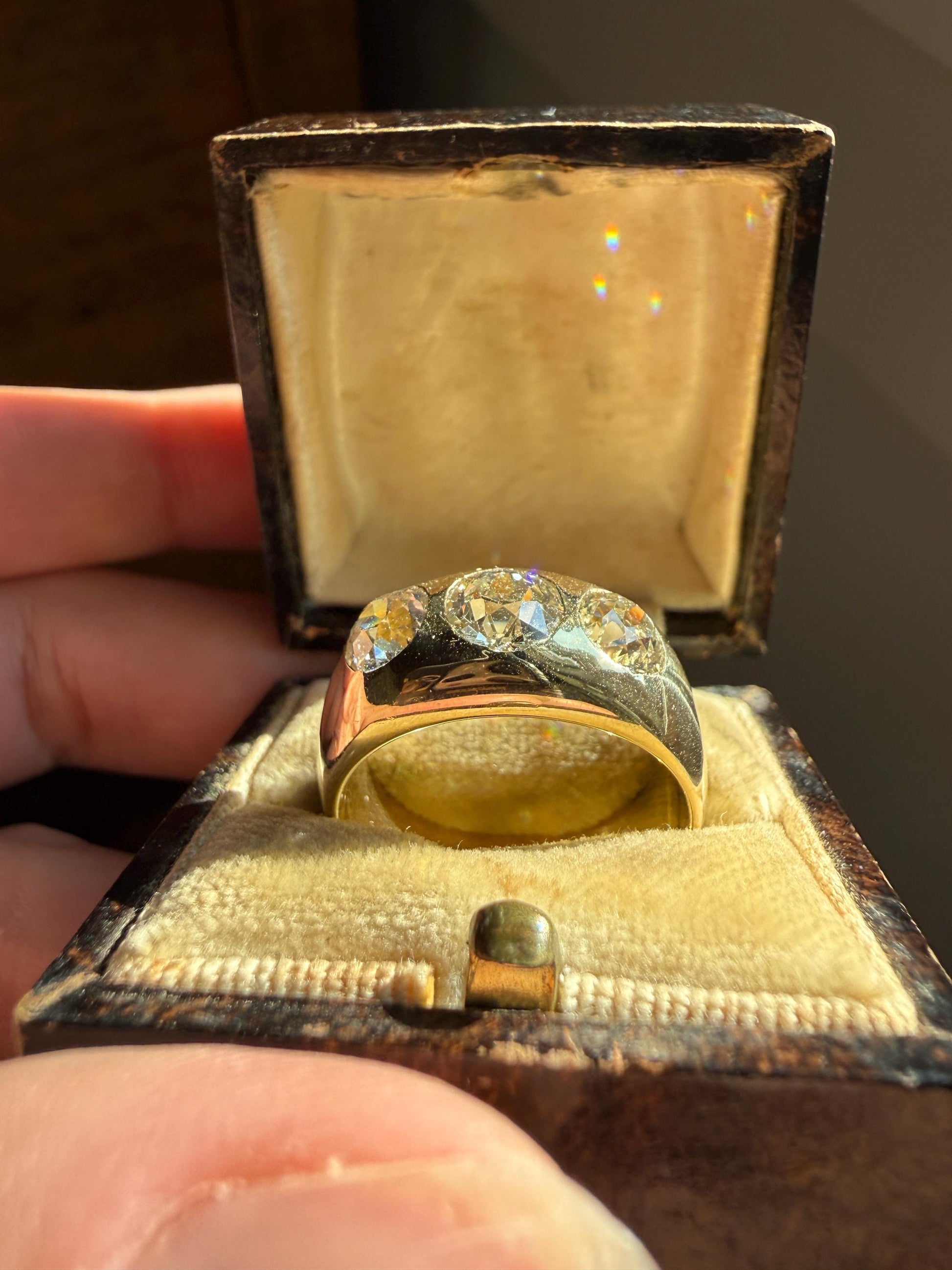 HEAVY Antique 2.4 Carats Natural Old Mine Cut Diamond Three Stone Gypsy Band 10.1g 14k Gold Stacker Ring Man Unisex Chunky