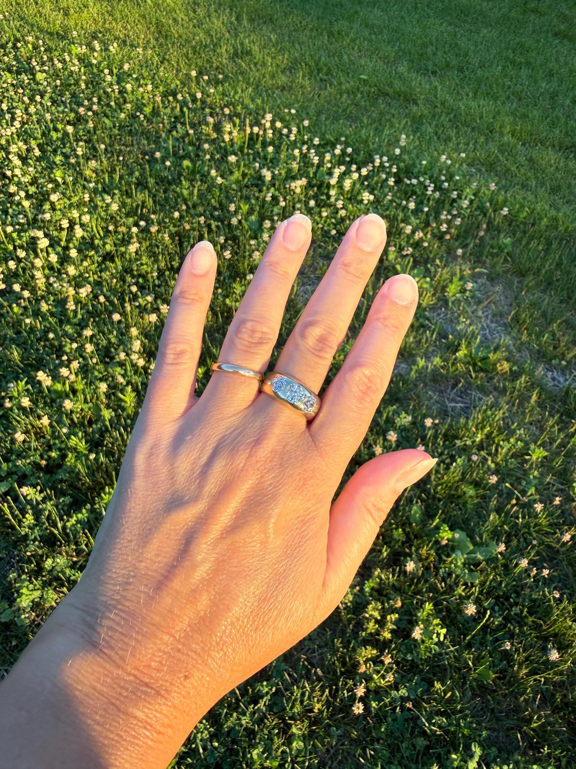 HEAVY Antique 2.4 Carats Natural Old Mine Cut Diamond Three Stone Gypsy Band 10.1g 14k Gold Stacker Ring Man Unisex Chunky