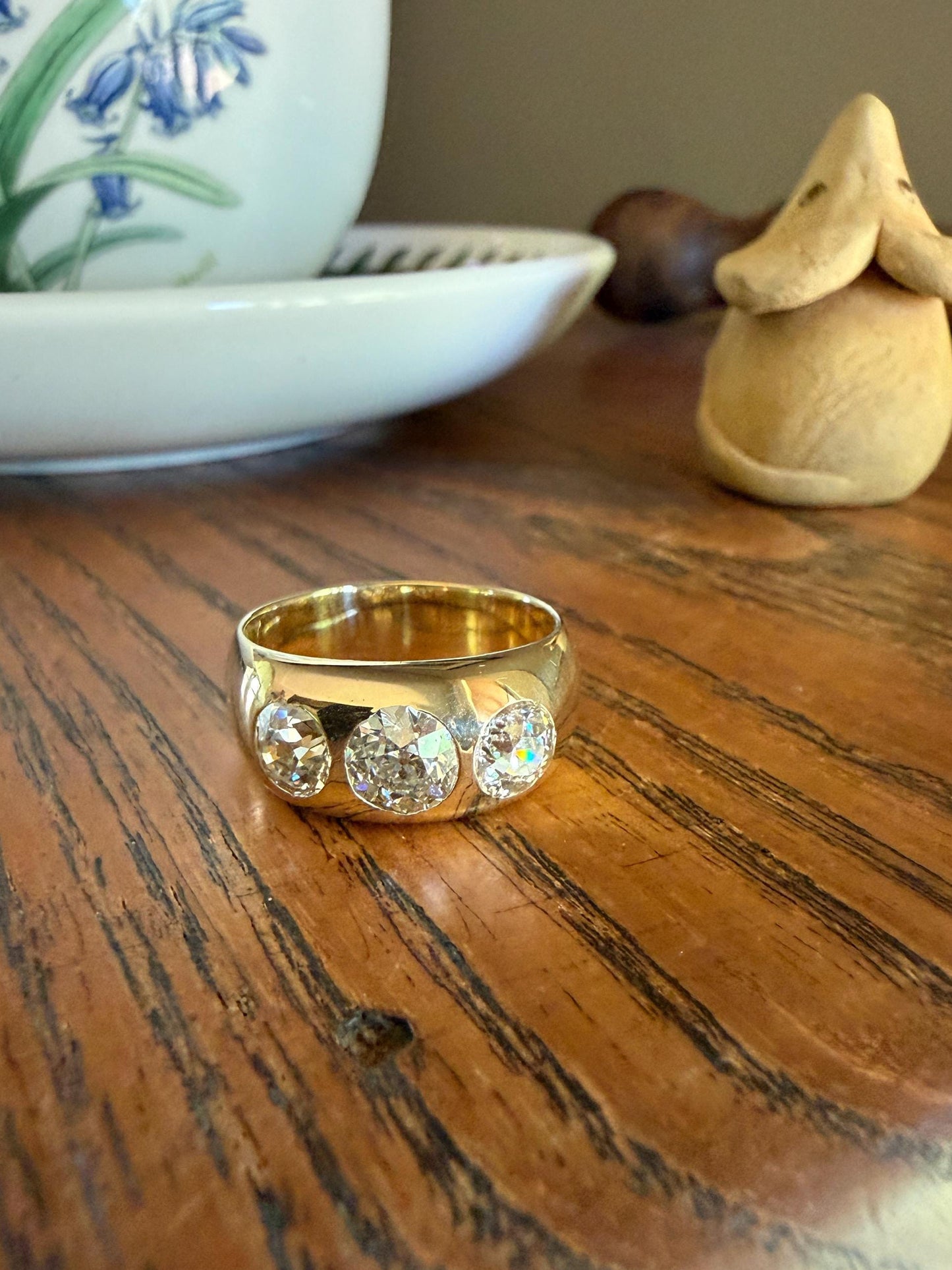 HEAVY Antique 2.4 Carats Natural Old Mine Cut Diamond Three Stone Gypsy Band 10.1g 14k Gold Stacker Ring Man Unisex Chunky