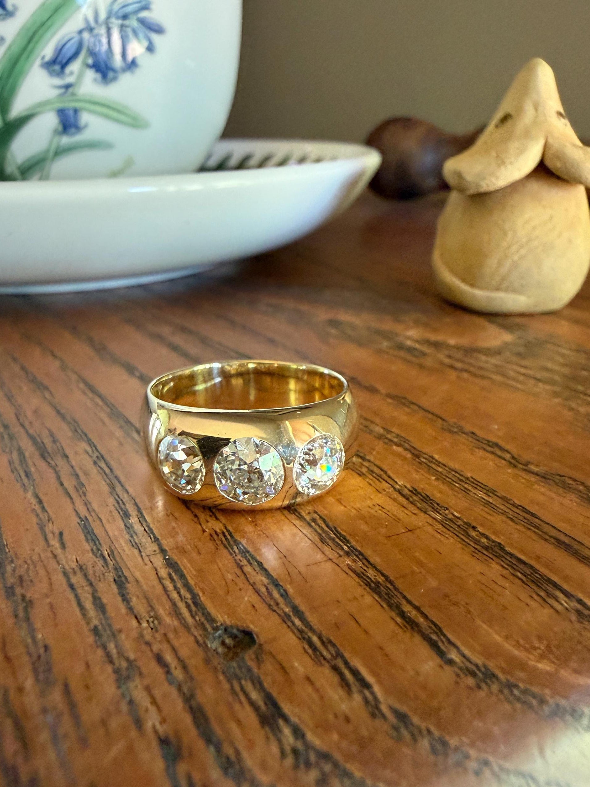 HEAVY Antique 2.4 Carats Natural Old Mine Cut Diamond Three Stone Gypsy Band 10.1g 14k Gold Stacker Ring Man Unisex Chunky